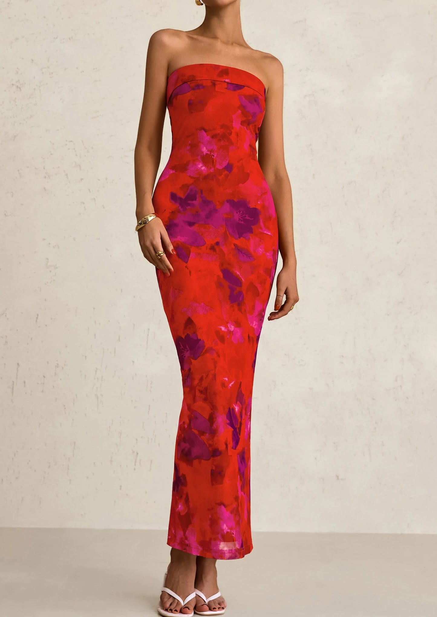 Womens Printed Tube Maxi Dress Strapless Bodycon Sleeveless Night Out Long Dresses