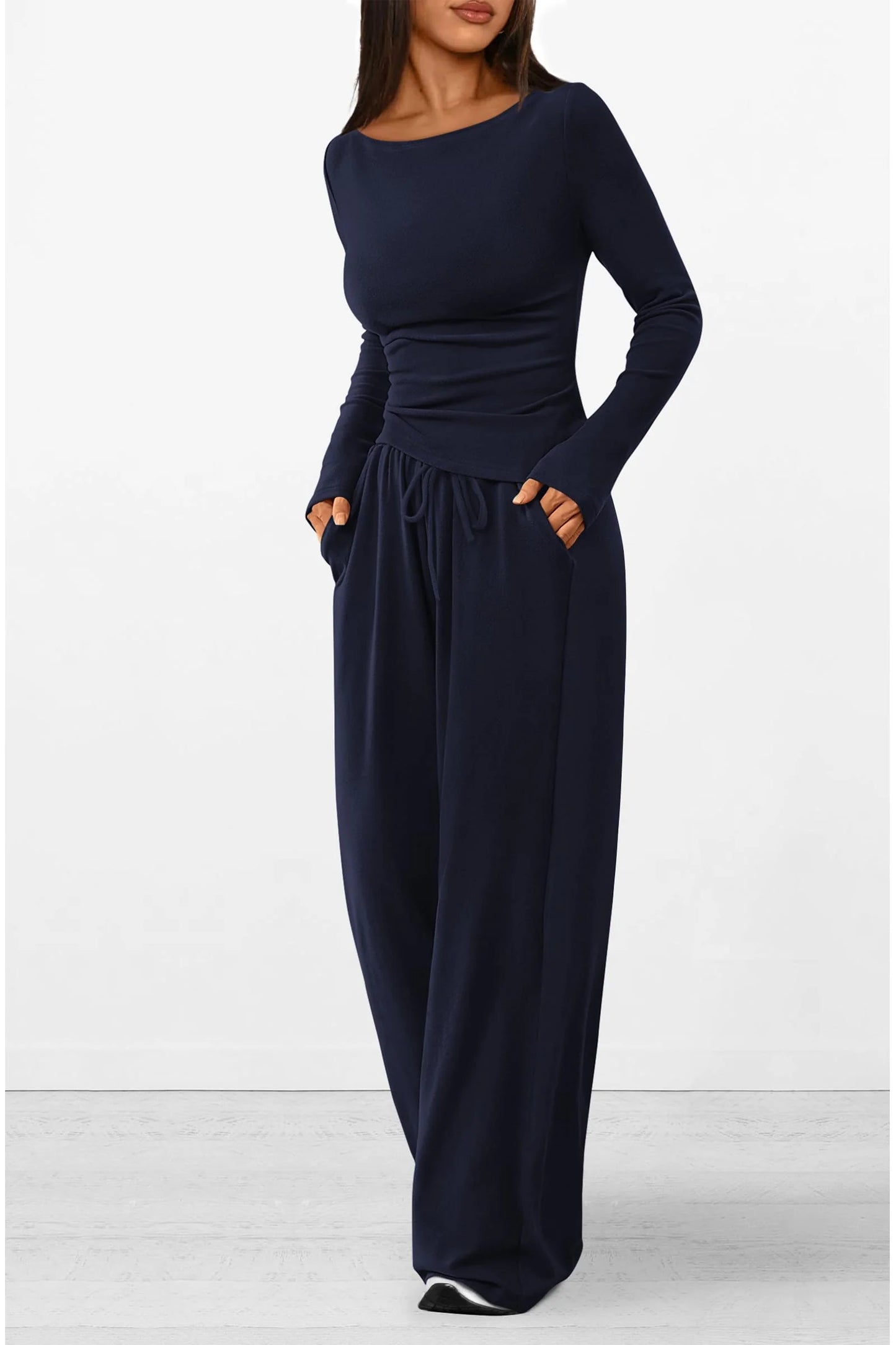Women's 2 Piece Lounge Sets Asymmetrical Long Sleeve T Shirt Wide Leg Pants Casual Outfits Tracksuit