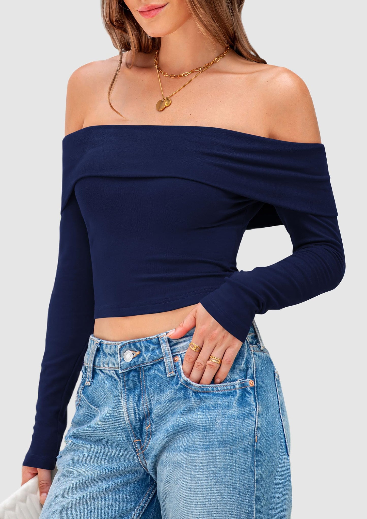 Off The Shoulder Tops for Women Long Sleeve Shirts Trendy Going Out Crop Top Spring Fashion Clothes