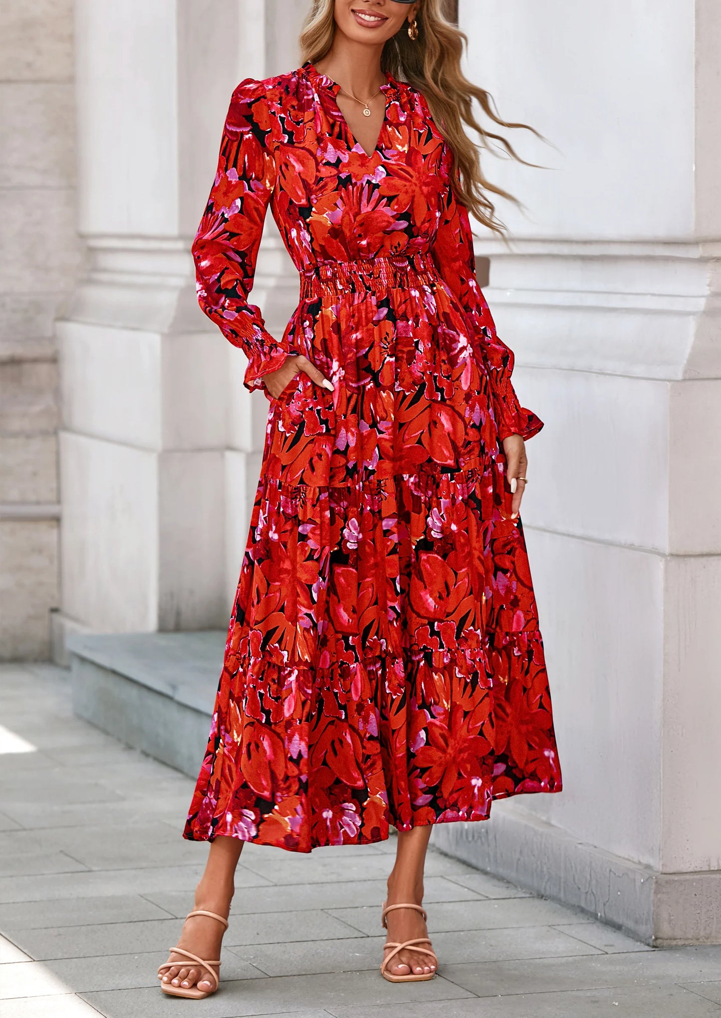 Women's Floral Maxi Dress Spring Long Sleeve V Neck Casual A Line Long Flowy Boho Party Dresses