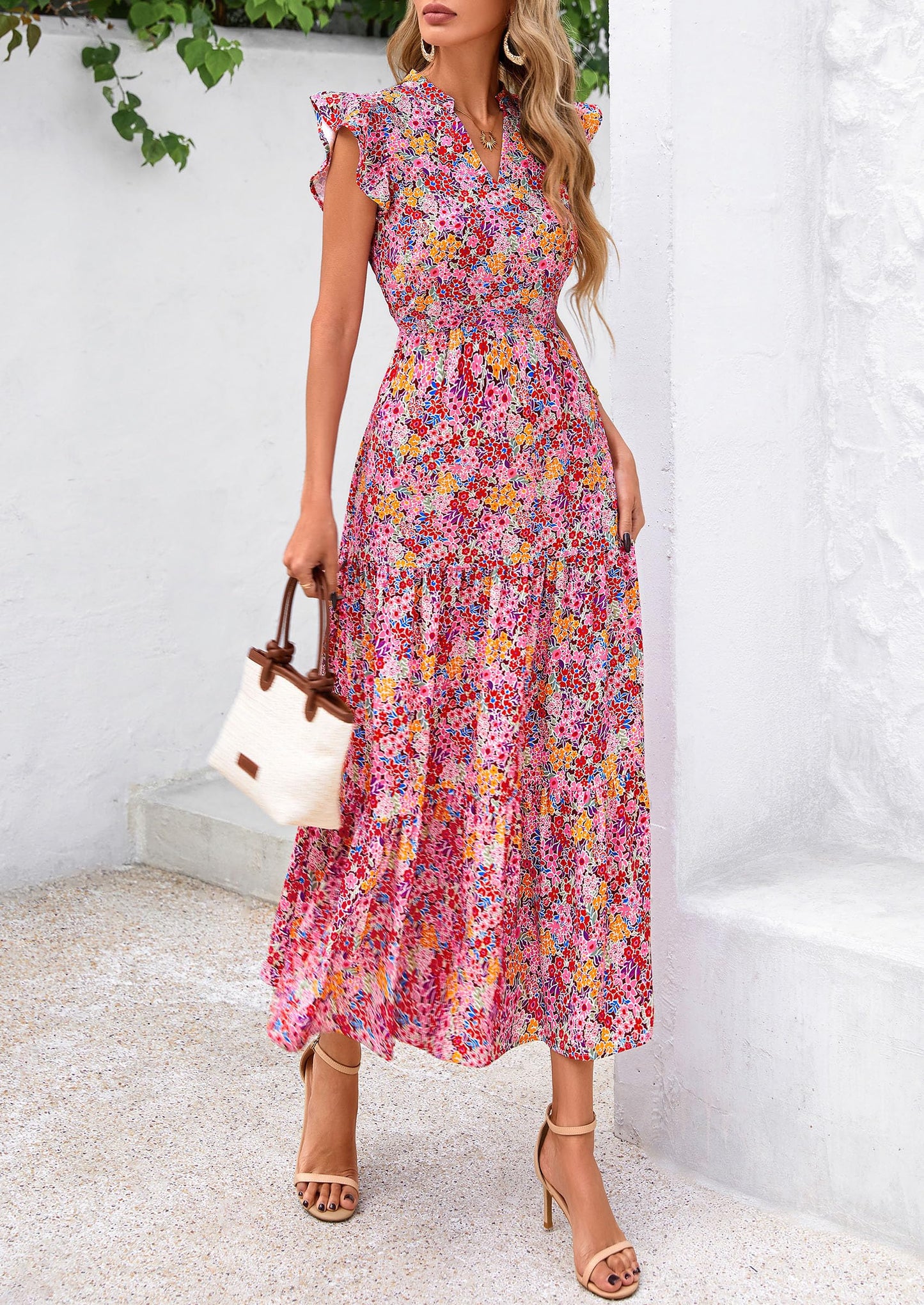 Women's Summer Floral Midi Dress Cap Sleeve V Neck Ruffle Long Flowy Boho Casual Beach Vacation Dresses