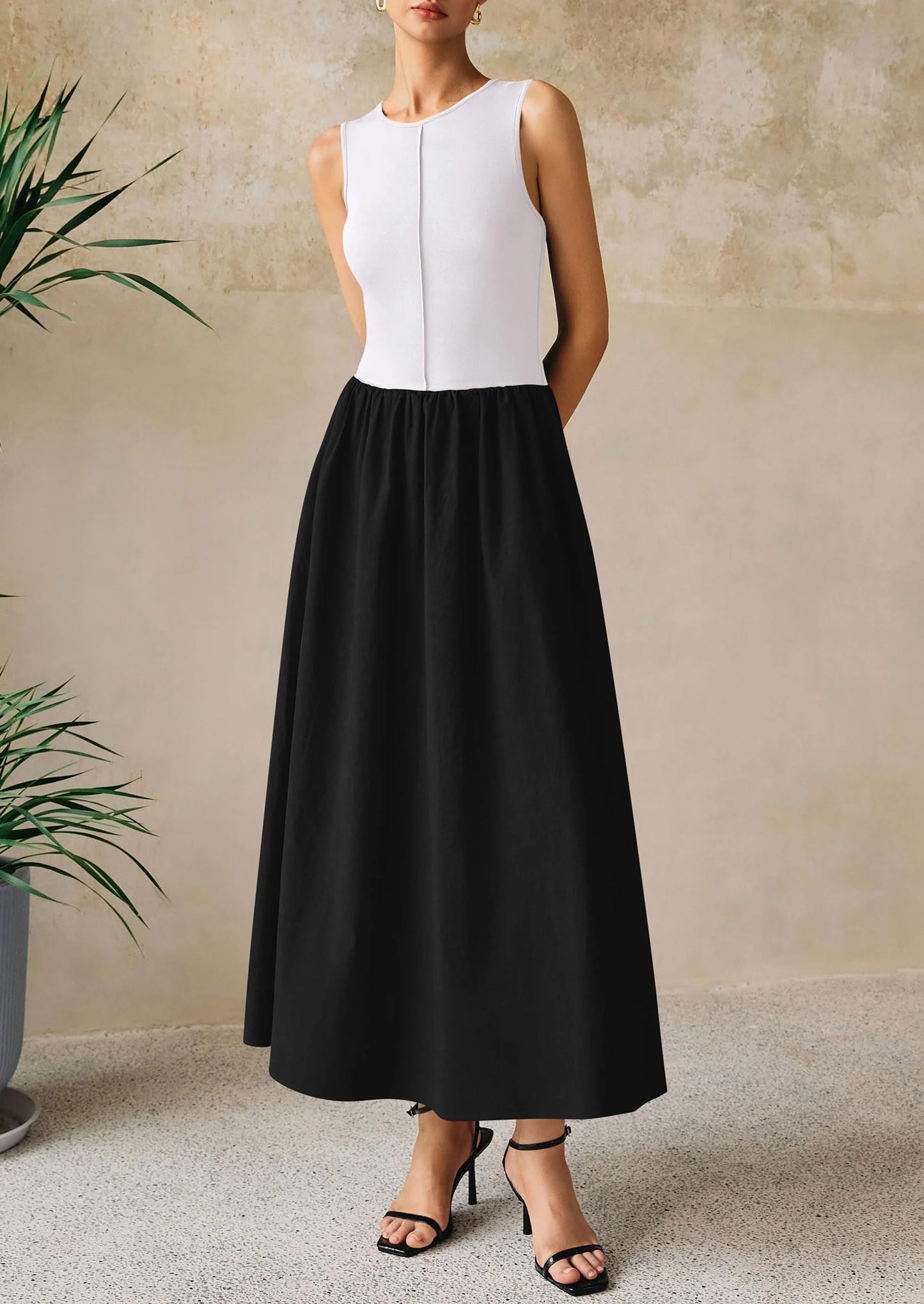 Women Maxi Dresses Casual Sleeveless Patchwork Knit Tank Dress Flowy Beach Sundress Long Dress