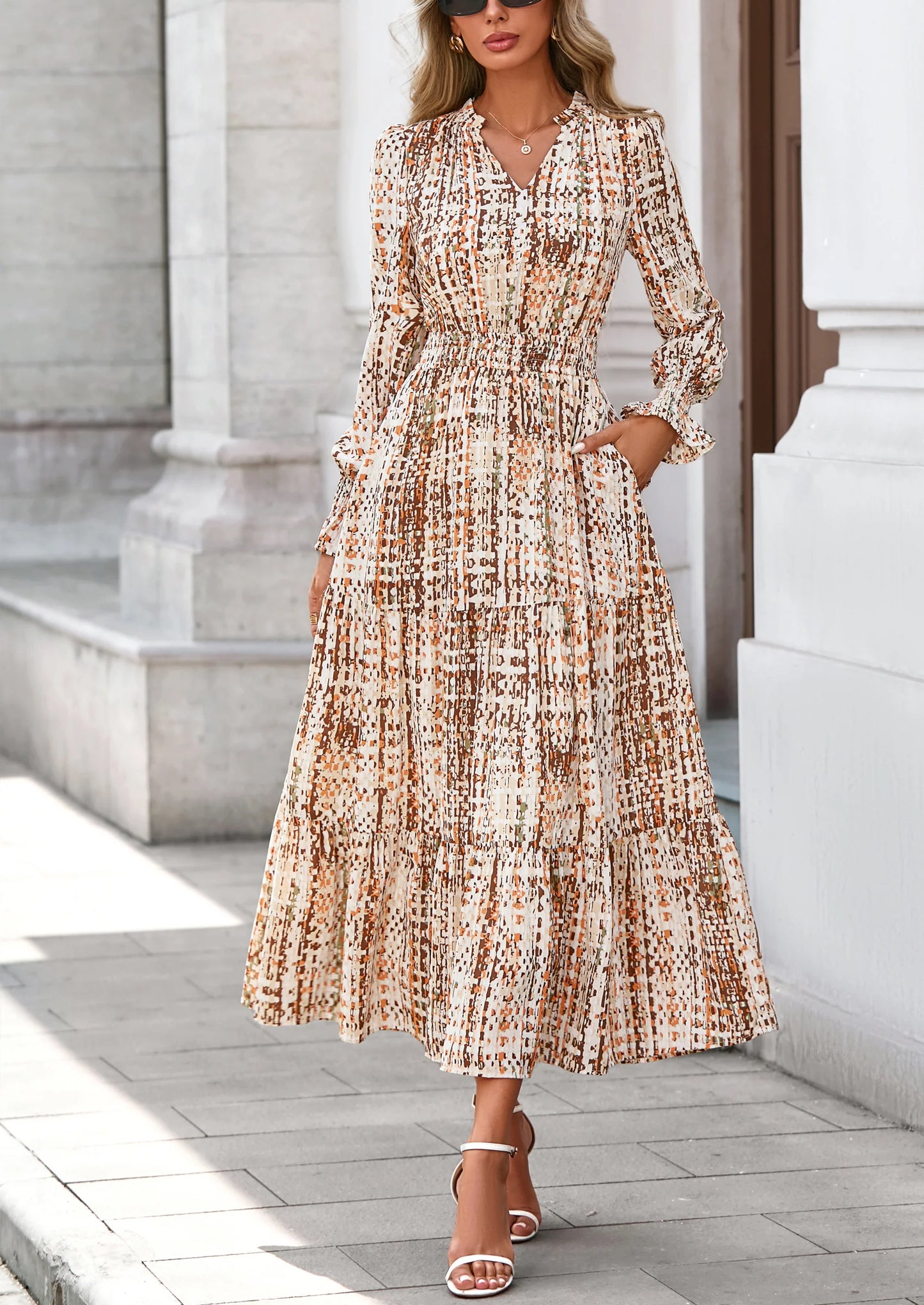 Women's Floral Maxi Dress Spring Long Sleeve V Neck Casual A Line Long Flowy Boho Party Dresses
