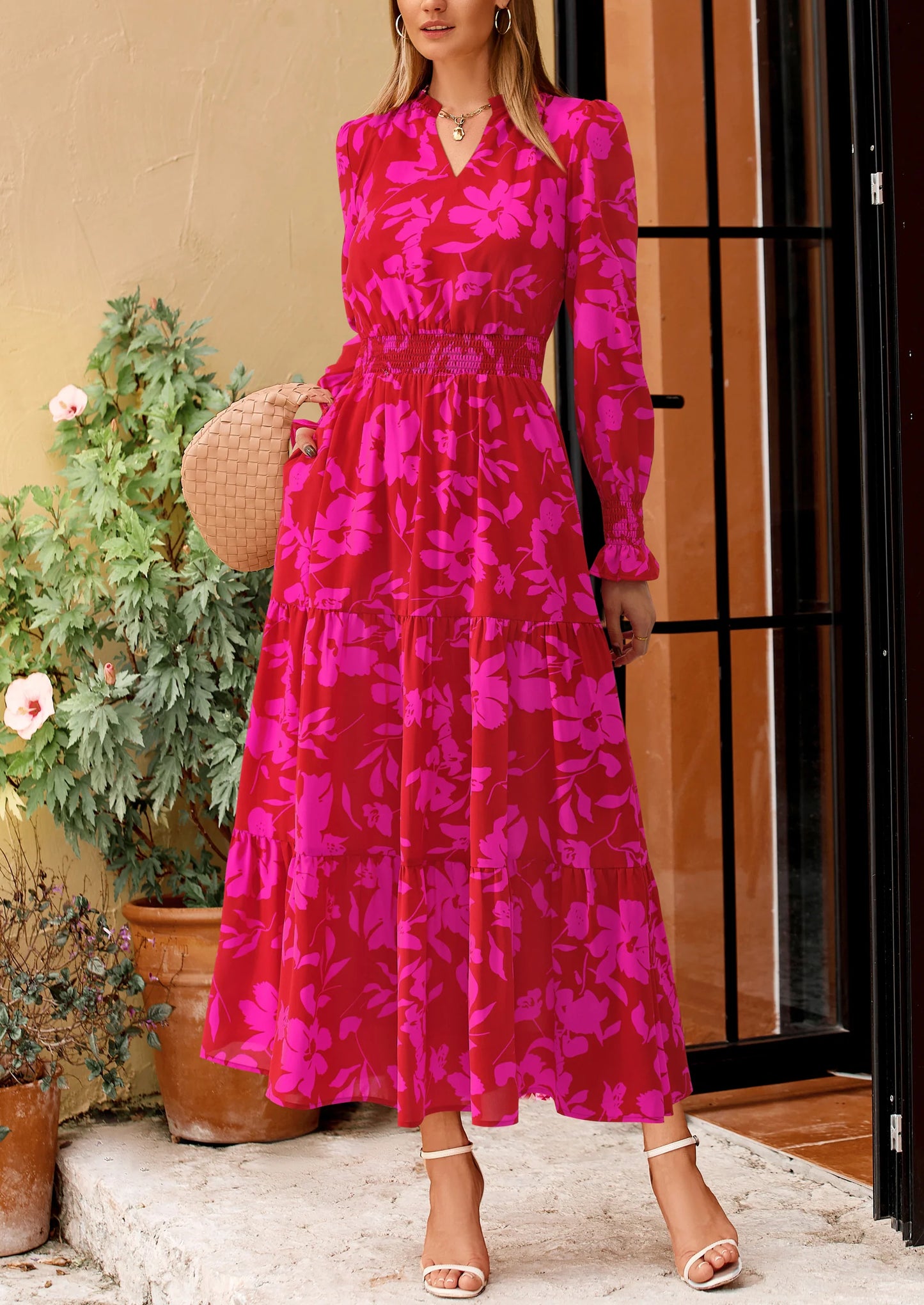 Women's Floral Maxi Dress Spring Long Sleeve V Neck Casual A Line Long Flowy Boho Party Dresses