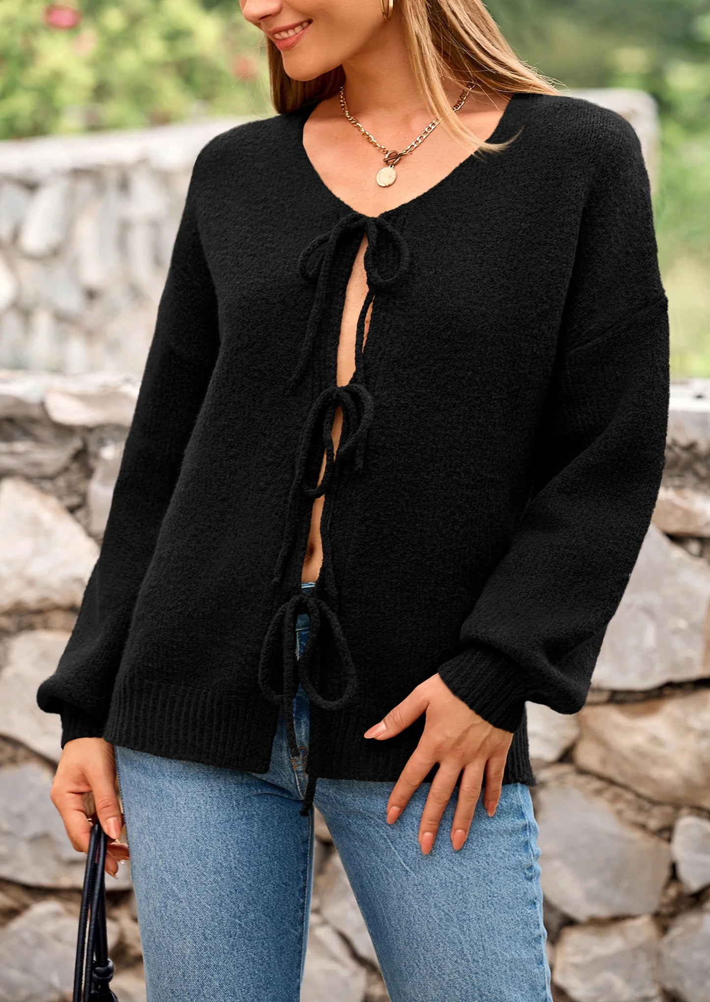 Women's Tie Front Bow Cardigan Sweaters Chunky Knit Long Puff Sleeve Trendy Fall Winter Jacket Coats