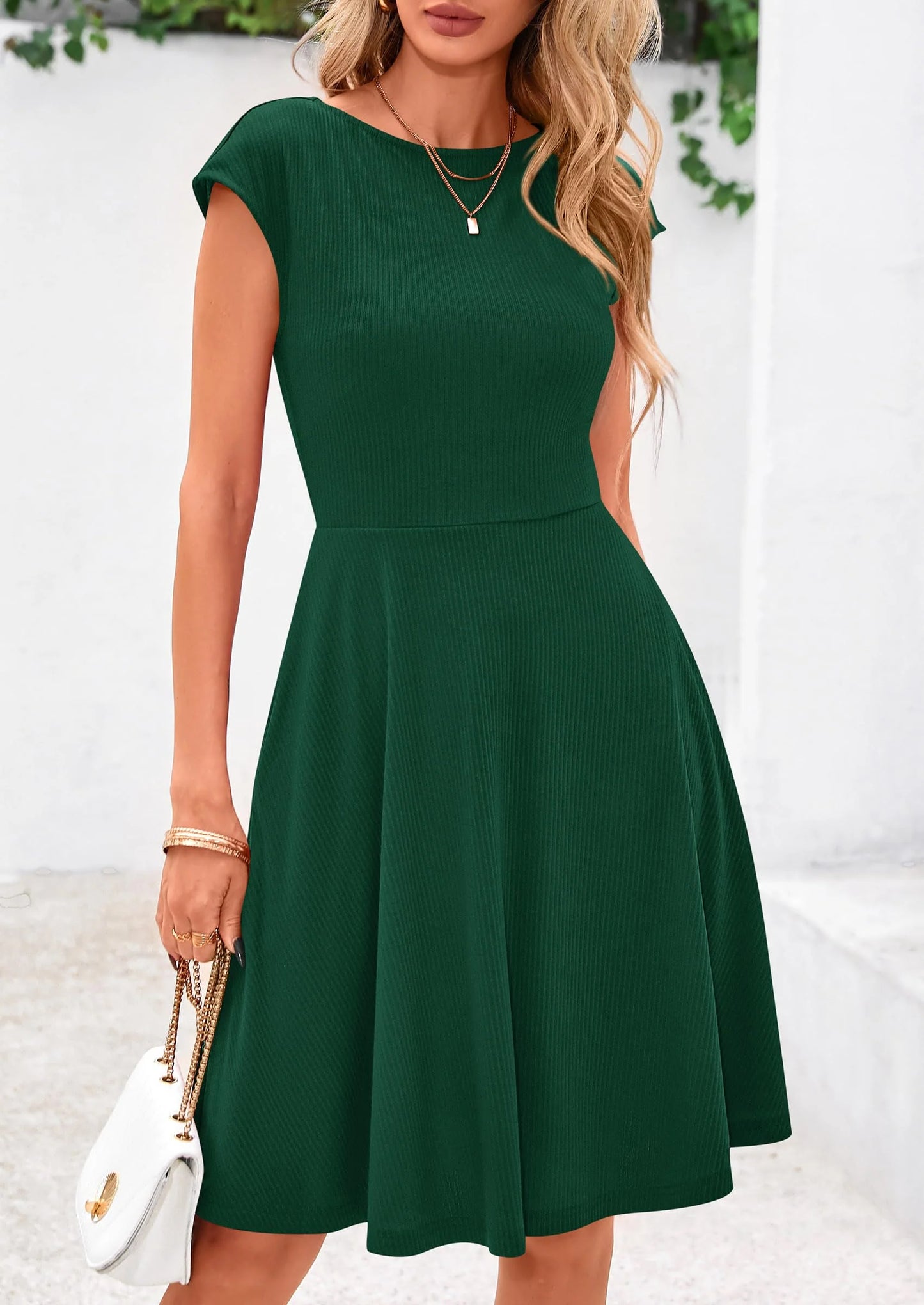 Womens Short Summer Dress Crewneck Cap Sleeve Ribbed Knit Casual Flowy A Line Mini Sundresses with Pockets