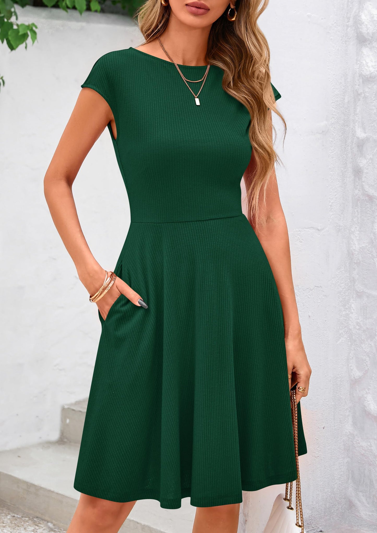 Womens Short Summer Dress Crewneck Cap Sleeve Ribbed Knit Casual Flowy A Line Mini Sundresses with Pockets