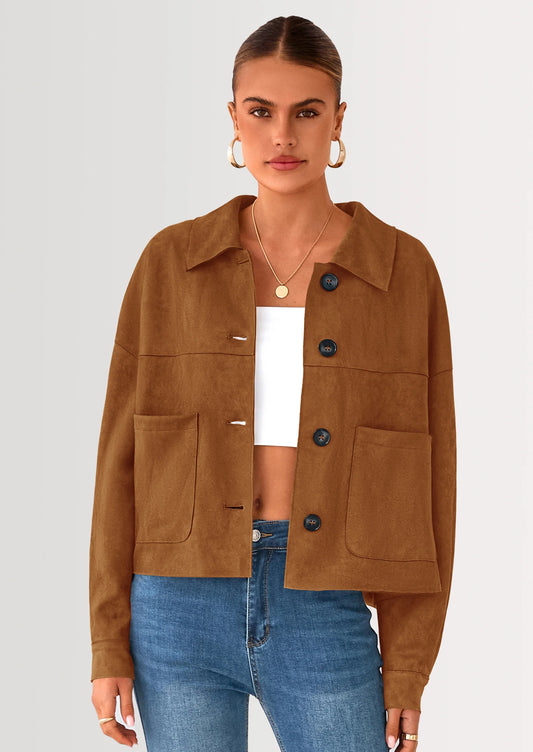 Women's Faux Suede Cropped Jacket Casual Lightweight Fall Fashion Winter Coats Outerwear Trendy Clothes