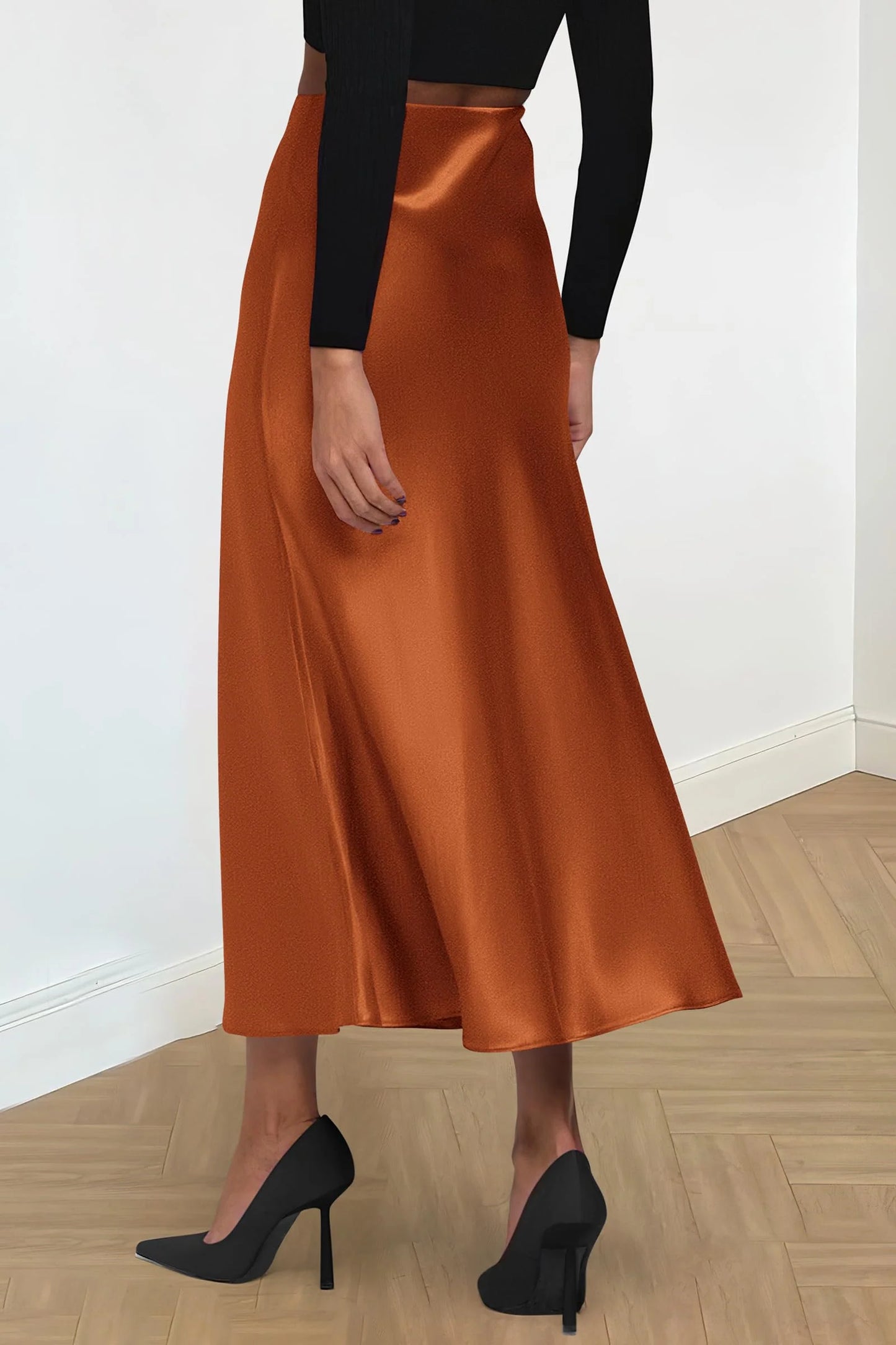Women's Satin Skirts Dressy Casual Fall High Waisted Cocktail Wedding Flowy Elegant A Line Midi Skirt