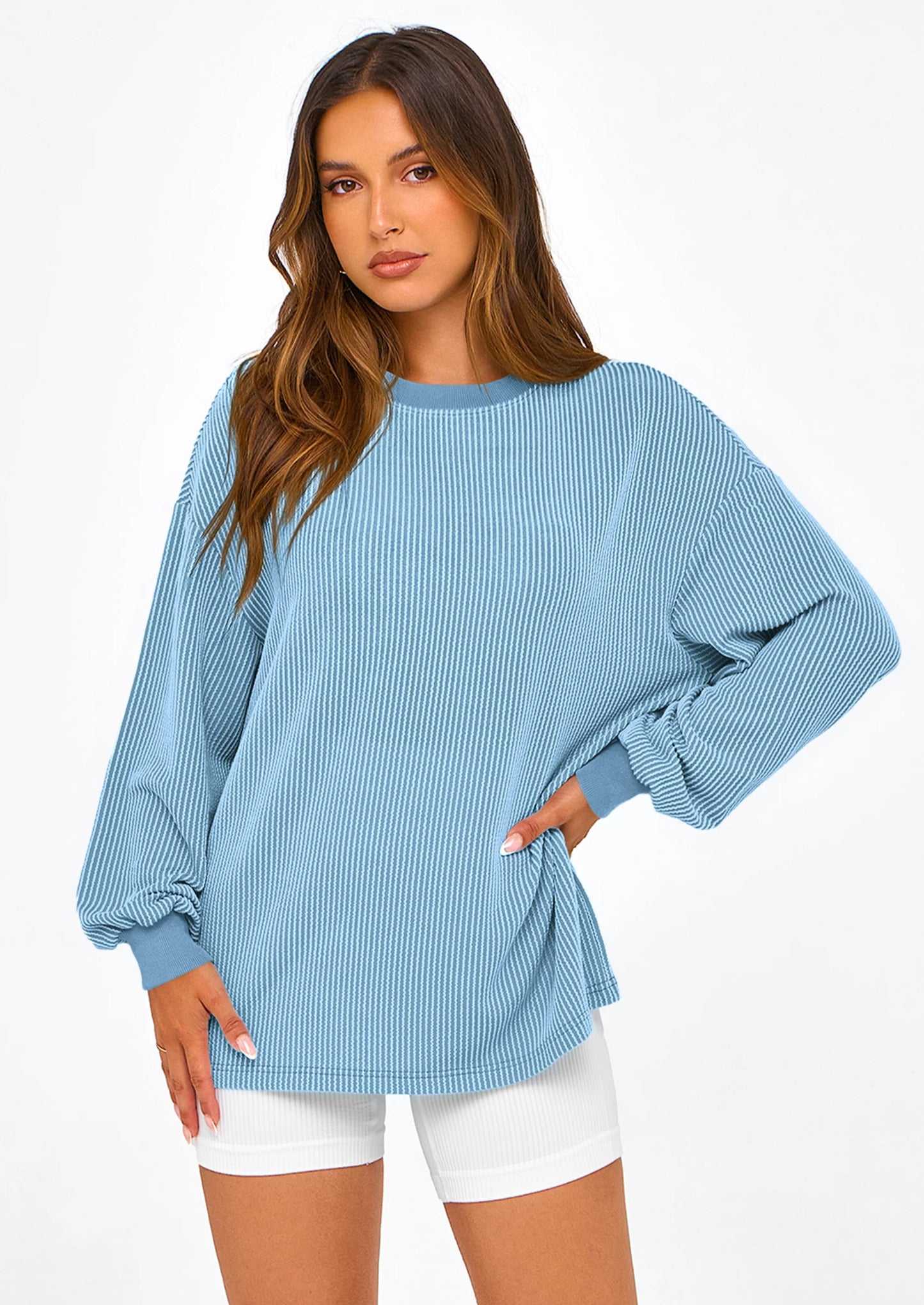 Women's Long Sleeve Tee Shirts Spring Fall Trendy Clothes Casual Loose Crewneck Ribbed Blouse Tunic Tops