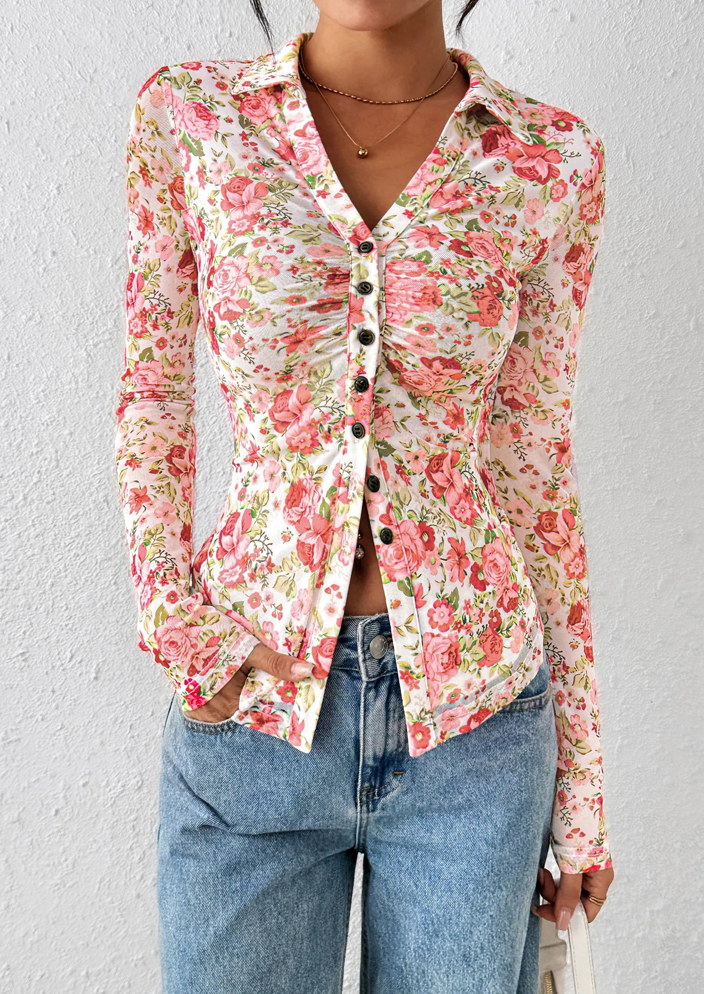 Women Button Down Floral Shirts Fall Trendy Long Sleeve V Neck Ruched Fitted Mesh Blouse Tops Date Outfits
