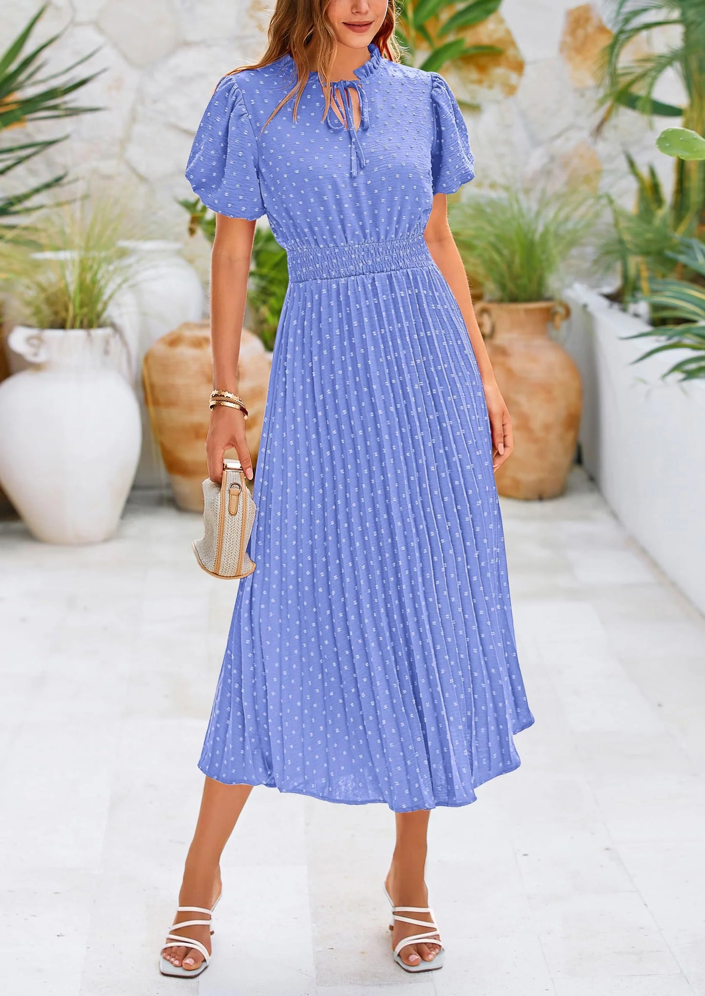 Womens Midi Dresses Puff Short Sleeve V Neck Swiss Dot Pleated A Line Flowy Long Wedding Guest Dress
