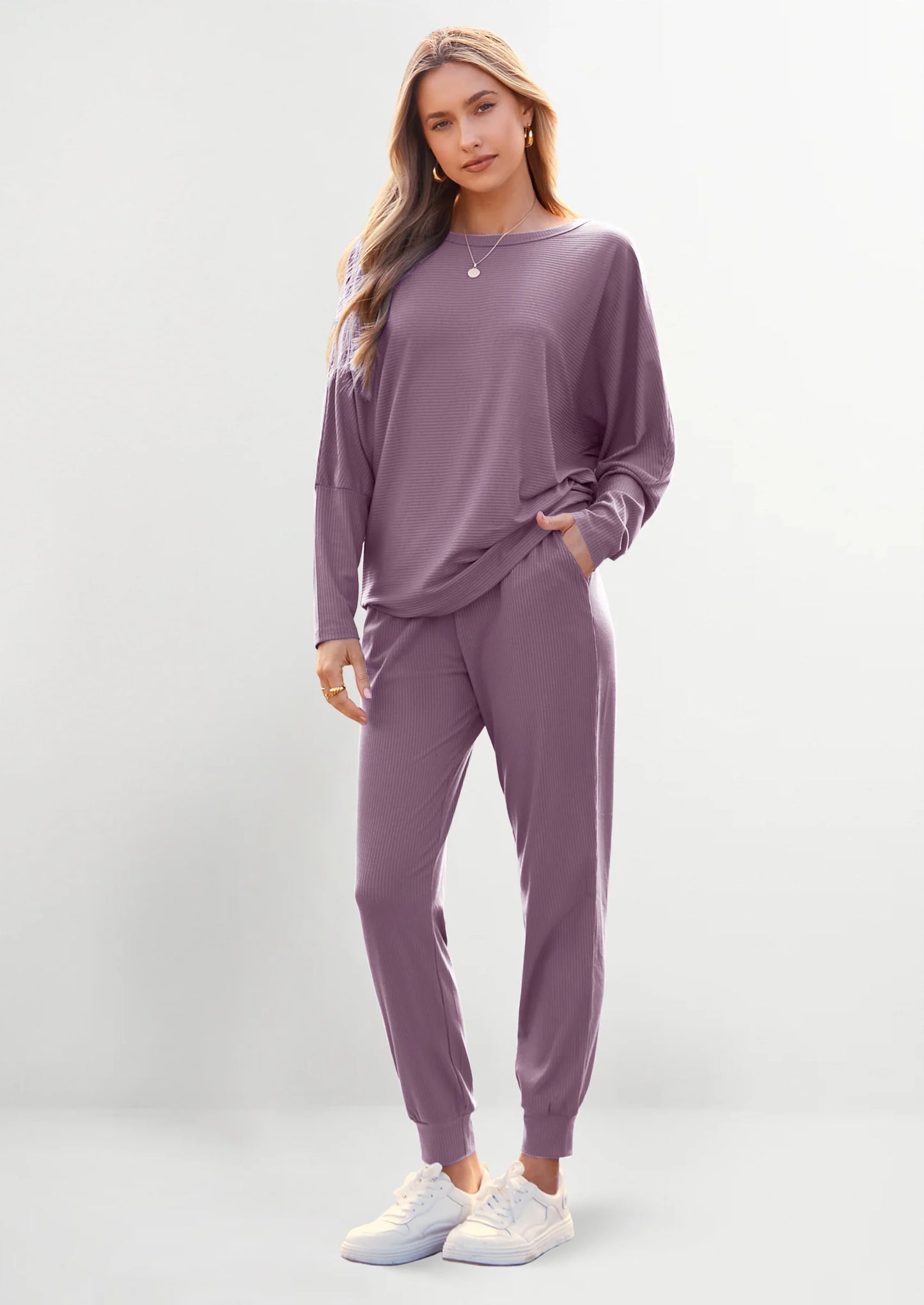 Women's Fall 2 Piece Lounge Set Long Sleeve Tops Ribbed Pants Spring Matching Sweatsuit Travel Outfits Clothes