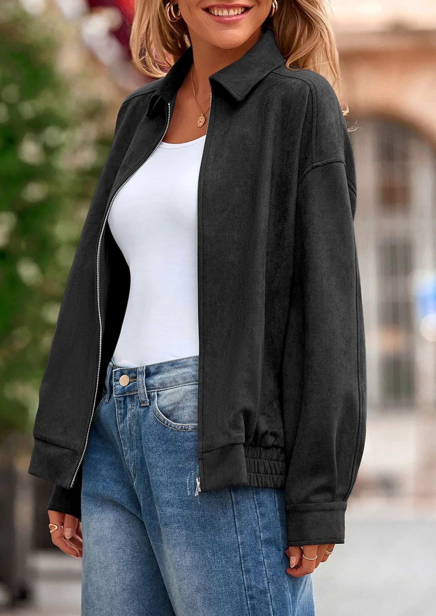 Women's Faux Suede Motorcycle Jacket Trendy Fall Fashion Oversized Zip Up Coats Winter Clothes Outerwear