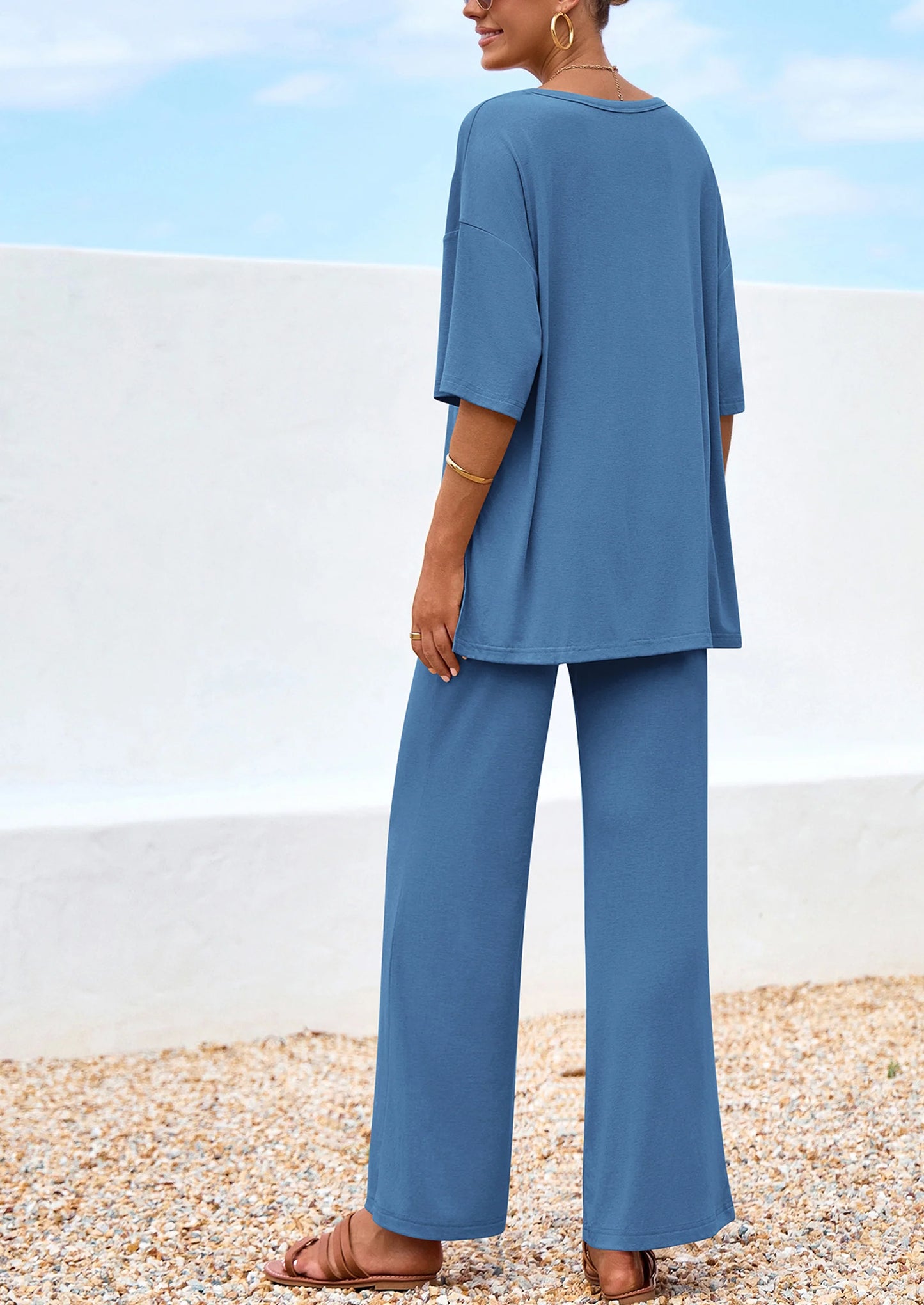 Women's 2 Piece Outfits Summer Casual V Neck Short Sleeve Tops Wide Leg Pants Matching Lounge Sets