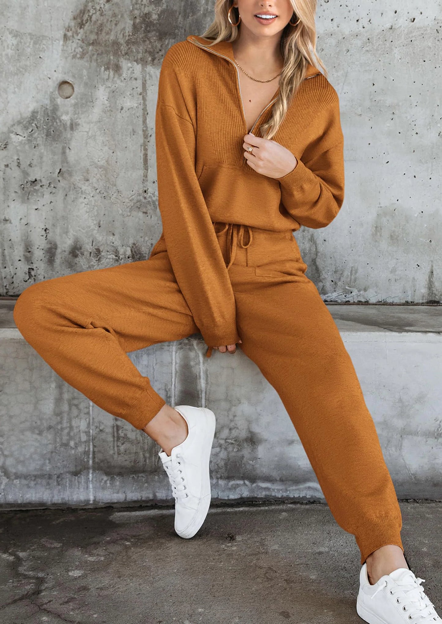 Women's 2 Piece Sweater Set Pullover Zip Up Sweatshirt Jogger Sweatpants Tracksuit Casual Outfit