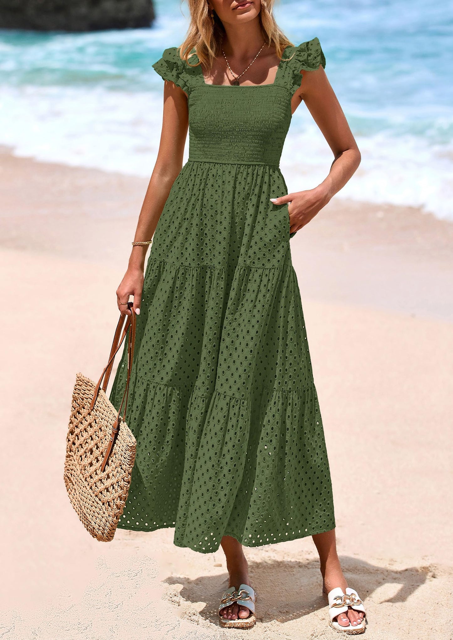 Womens Square Neck Maxi Dresses Cap Sleeve Eyelet Smocked Tiered A Line Flowy Long Dress with Pockets