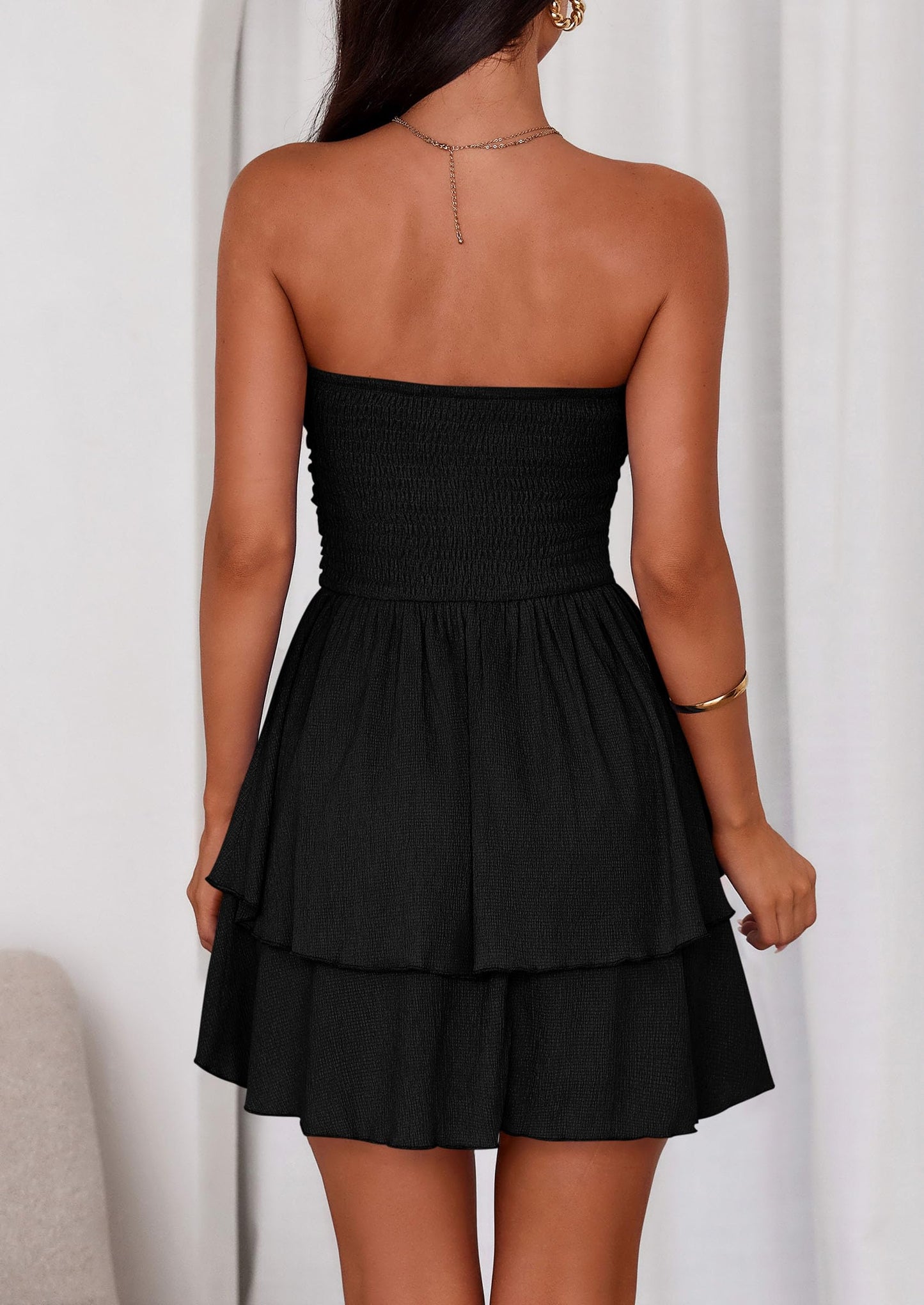 Women's Summer Strapless Tube Mini Dress Off Shoulder Smocked Ruffle A Line Flowy Short Party Club Dresses