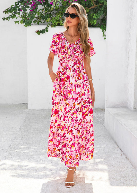 Women Floral Boho Maxi Dresses Short Sleeve V Neck Smocked A Line Long Flowy Beach Vacation Dress