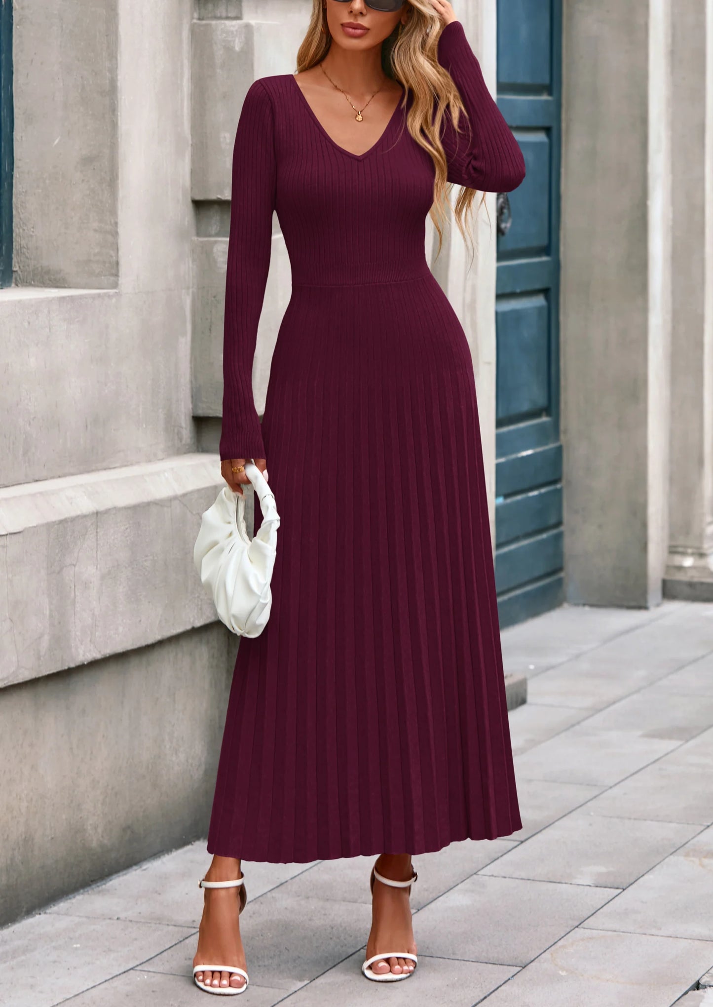Women Sweater Dress Fall Fashion Long Sleeve V Neck Ribbed Knit Pleated A Line Elegant Maxi Winter Dresses