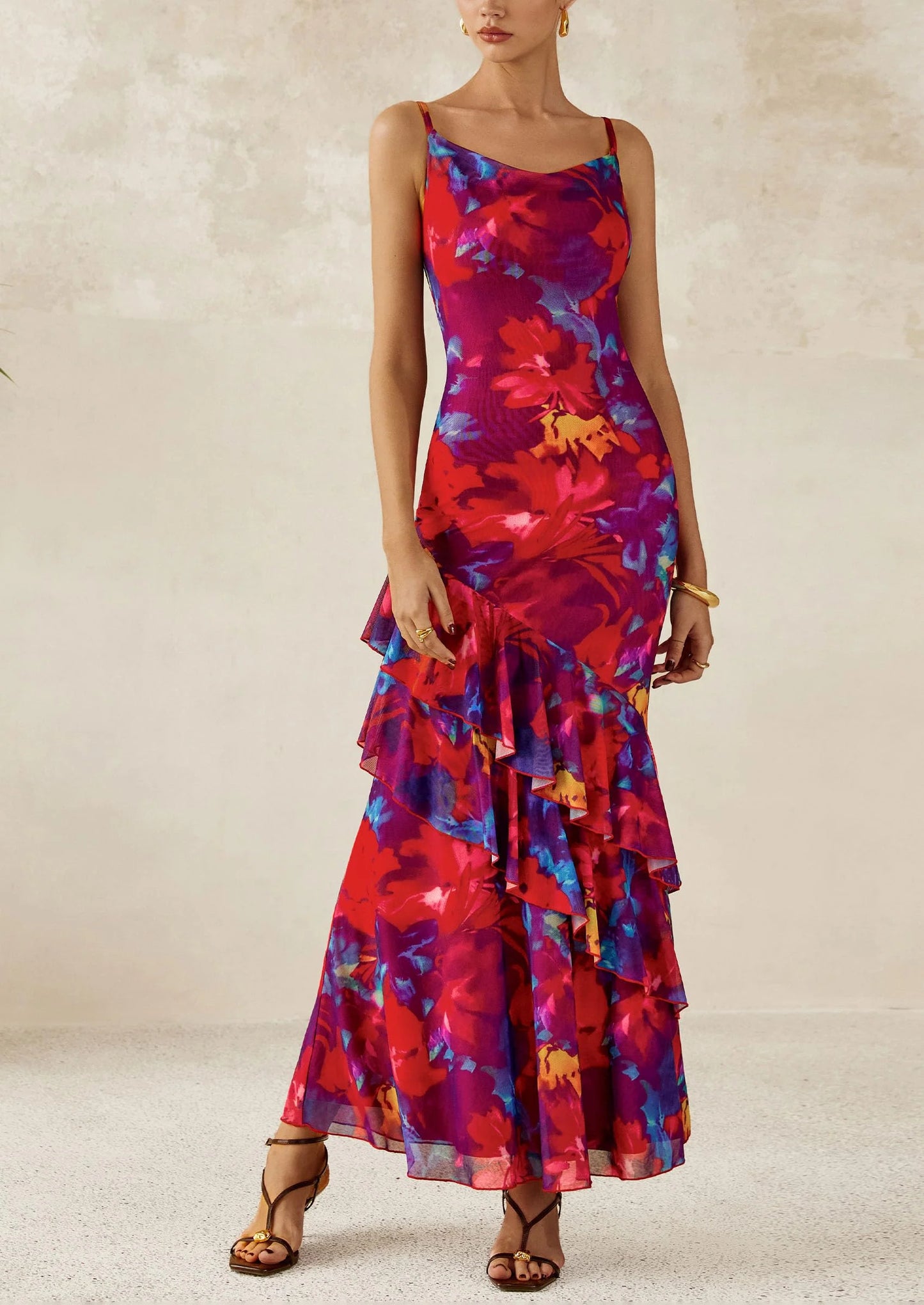 Maxi Dresses for Women Floral Beach Sundress Spaghetti Strap Tiered Wedding Guest Long Dress