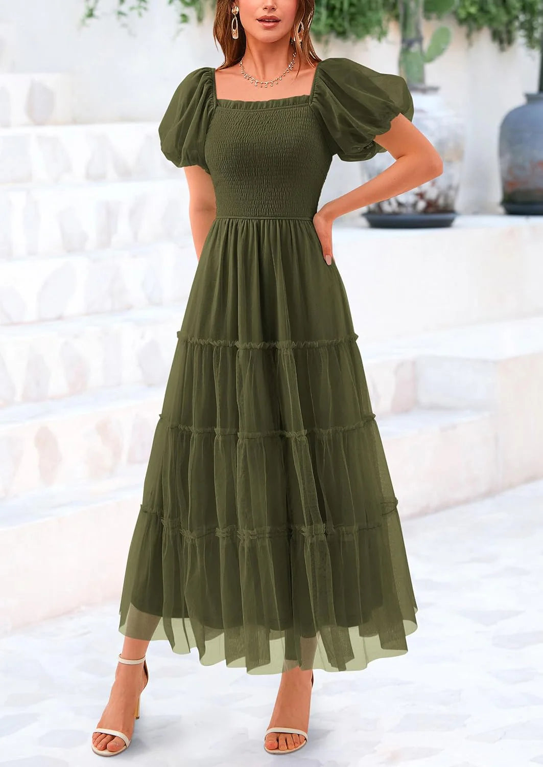 Women's Smocked Tulle Midi Dress Square Neck Puffy Short Sleeve Ruffle Wedding Guest Party Dresses