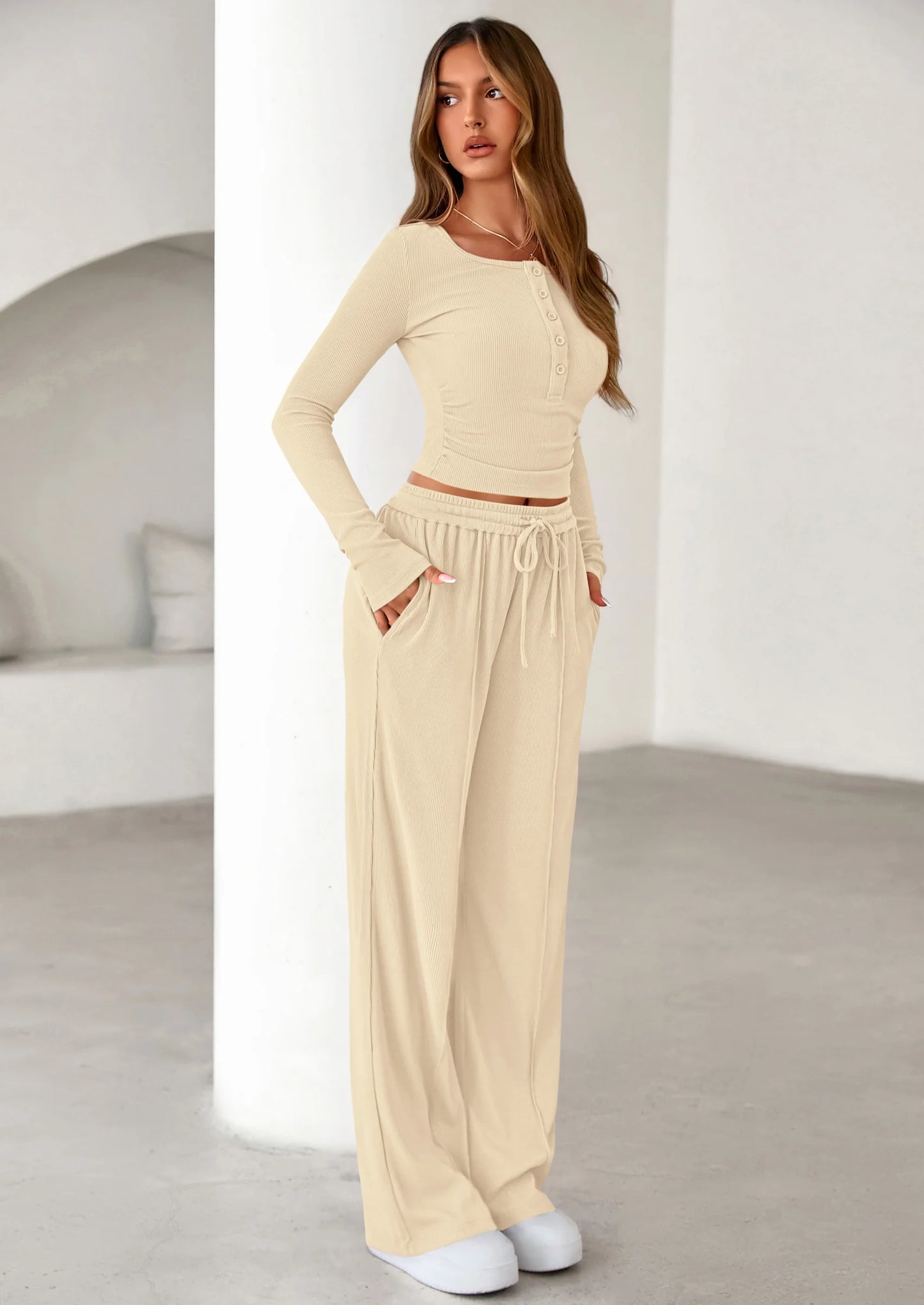 Women's Fall Trendy 2 Piece Outfits Lounge Sets Long Sleeve Top Henley Shirts Wide Leg Pants Travel Clothes