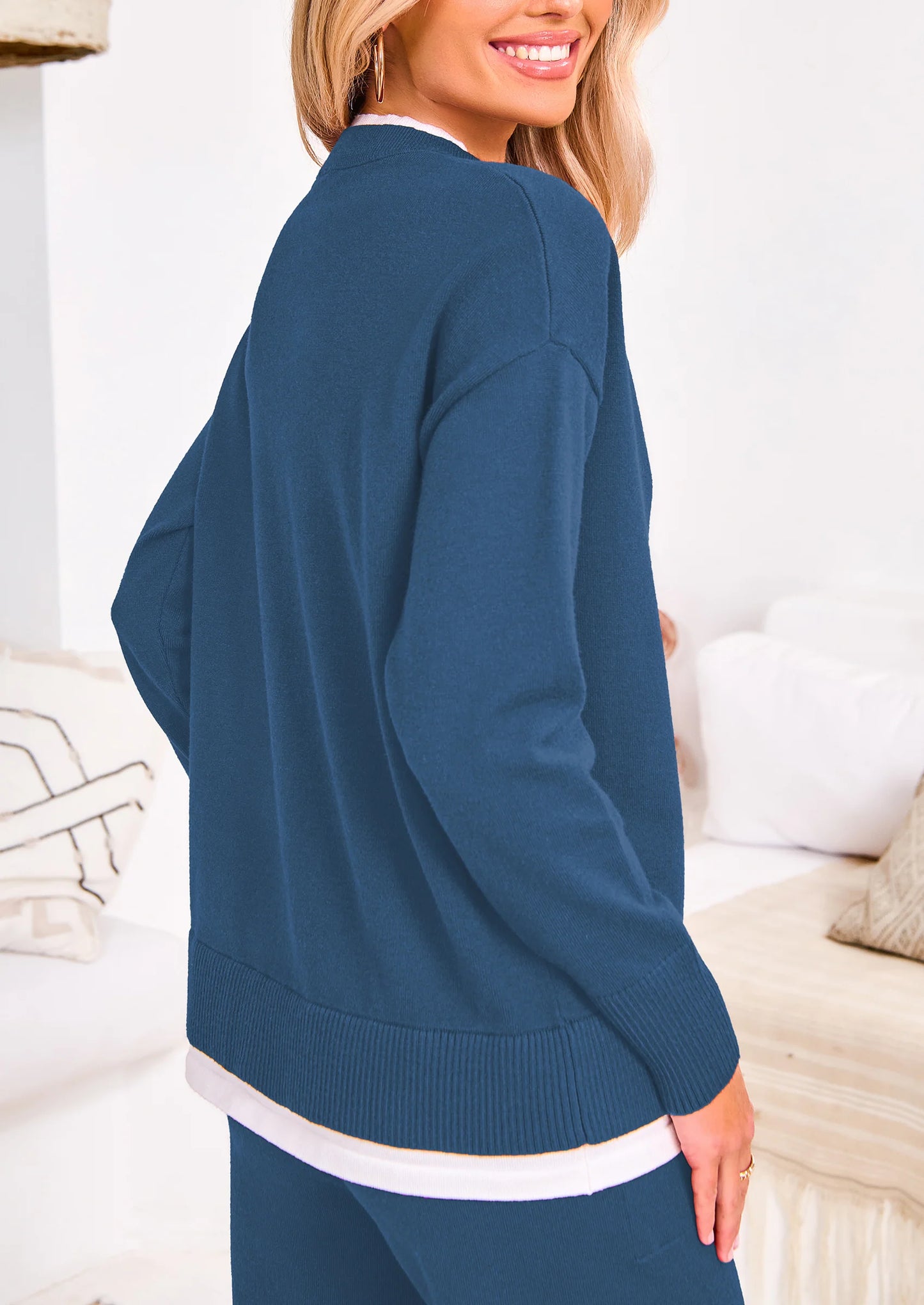Two Piece Matching Sweater Lounge Sets Knit Long Sleeve Pullover Tops Wide Leg Pants