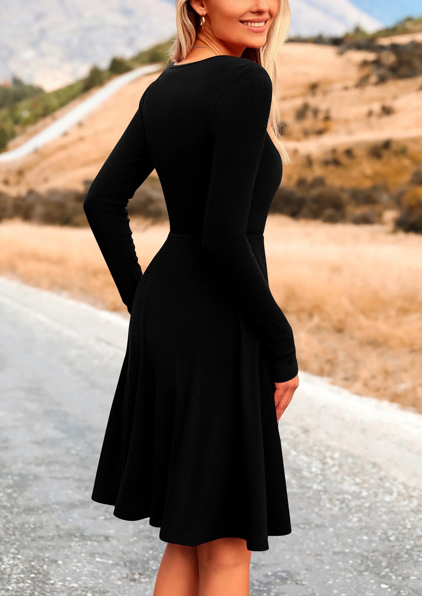 Women's Spring Fall Short Dress Ribbed Knit Crewneck Long Sleeve A Line Flowy Casual Elegant Going Out Dresses