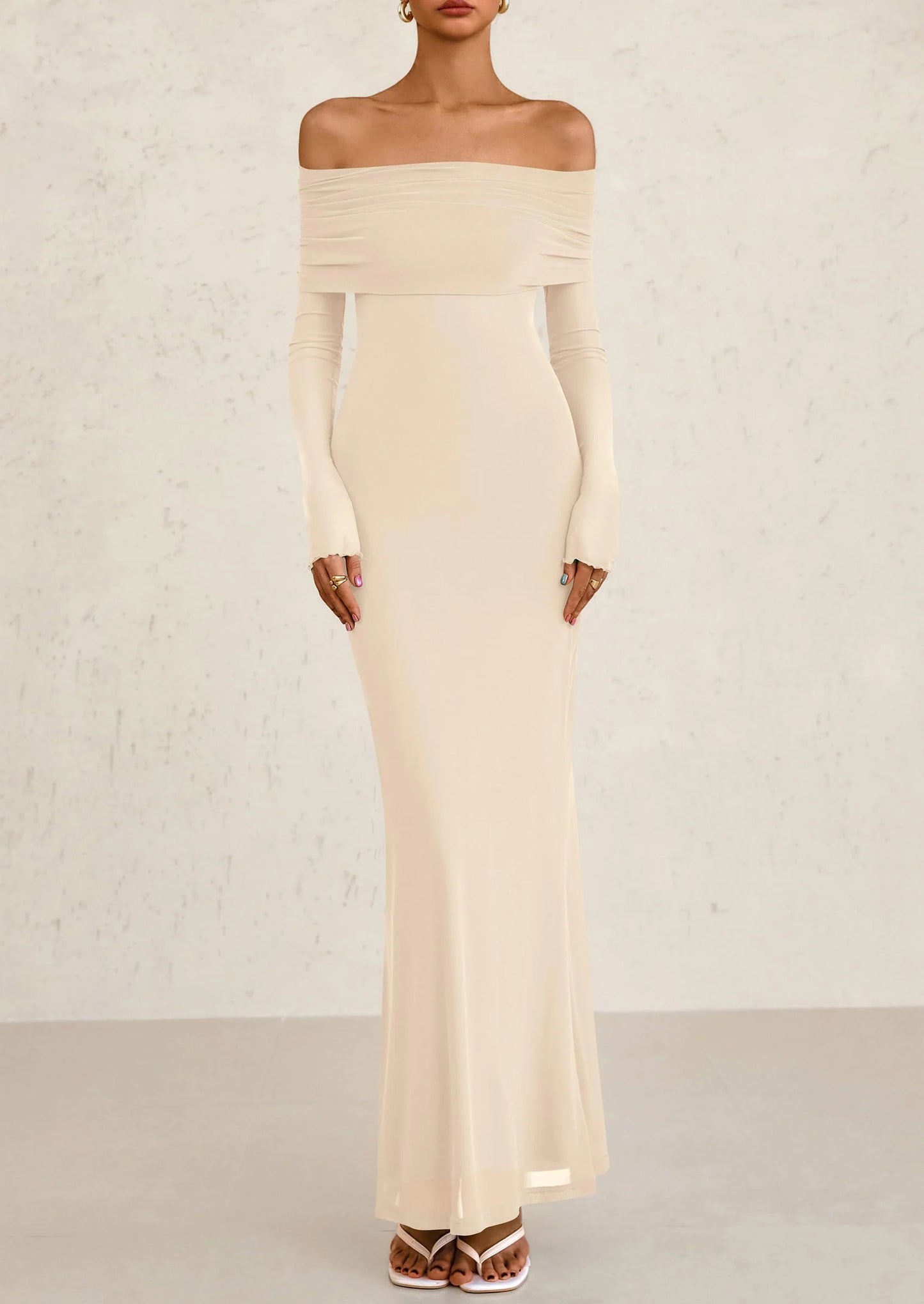 Off The Shoulder Dresses for Women Mesh Long Sleeve Baby Shower Formal Wedding Guest Dress
