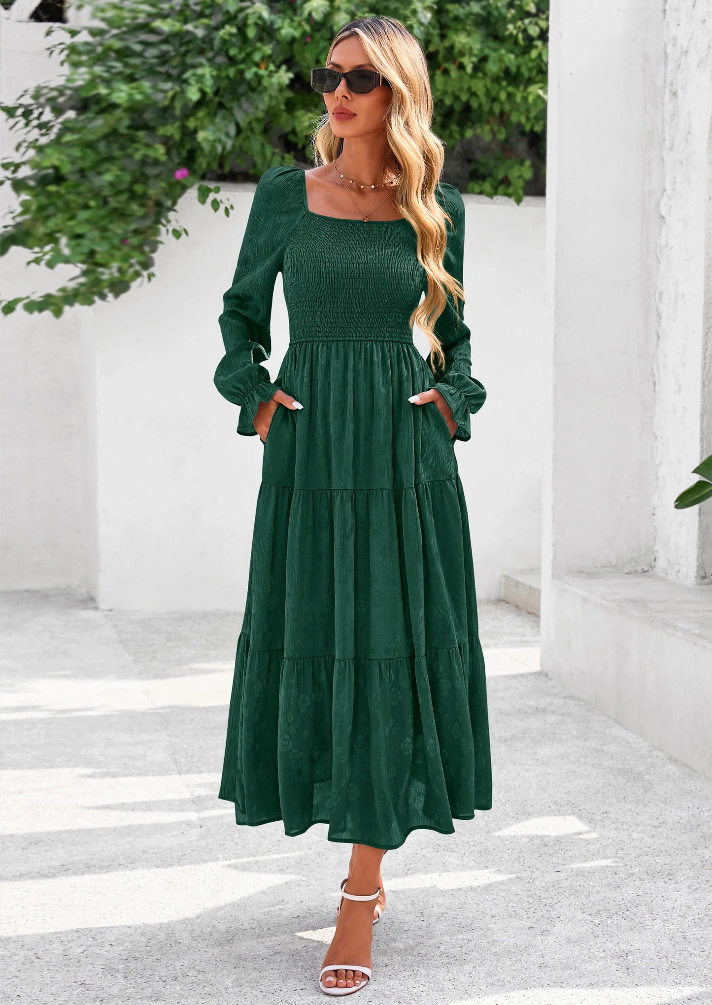 Fall Wedding Guest Dresses for Women Floral Long Sleeve Smocked Tiered Elegant Long Flowy Boho Dress