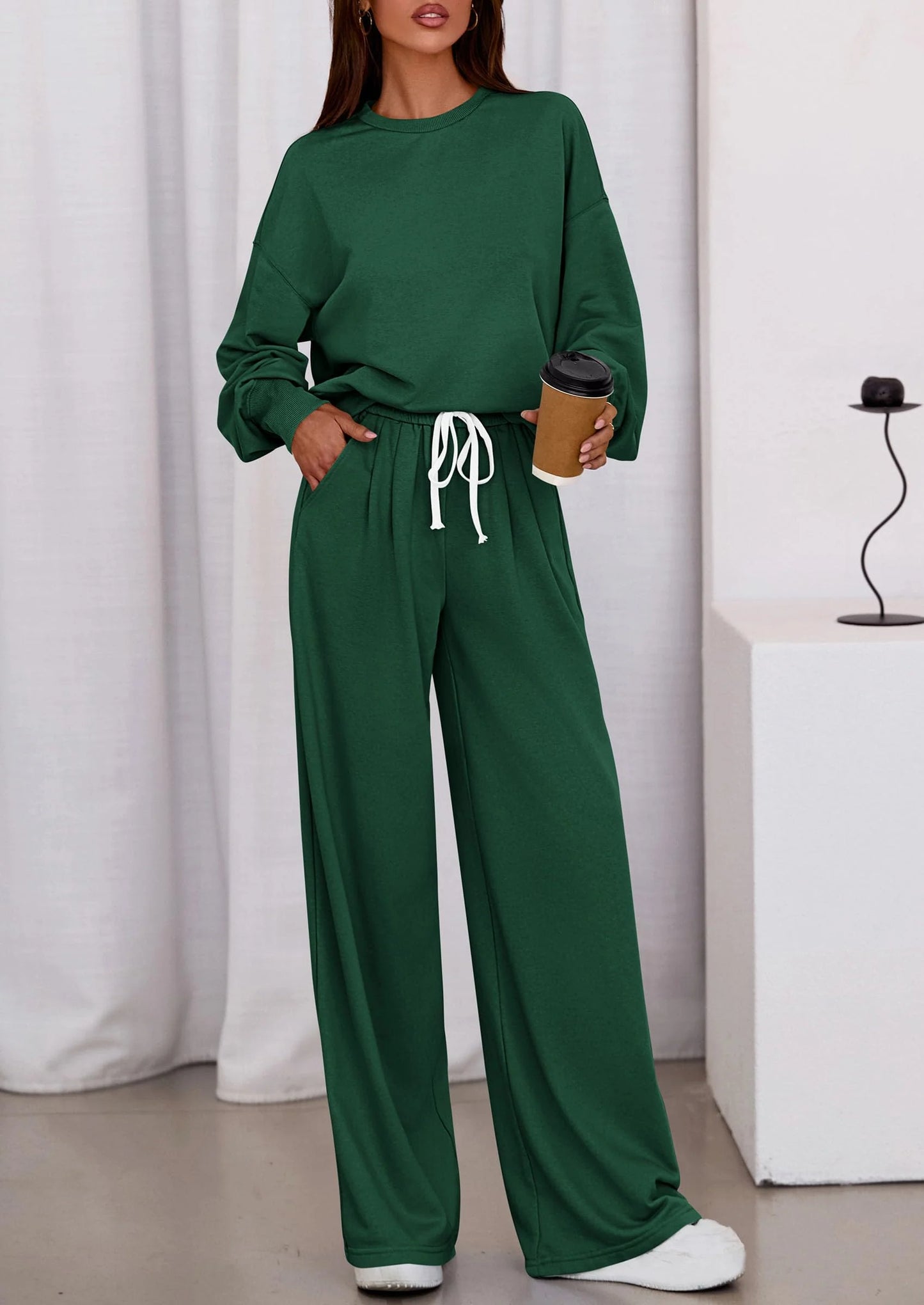 Womens 2 Piece Sets Long Sleeve Sweatshirt Wide Leg Pants Loose Matching Lounge Set Trendy Fall Outfits