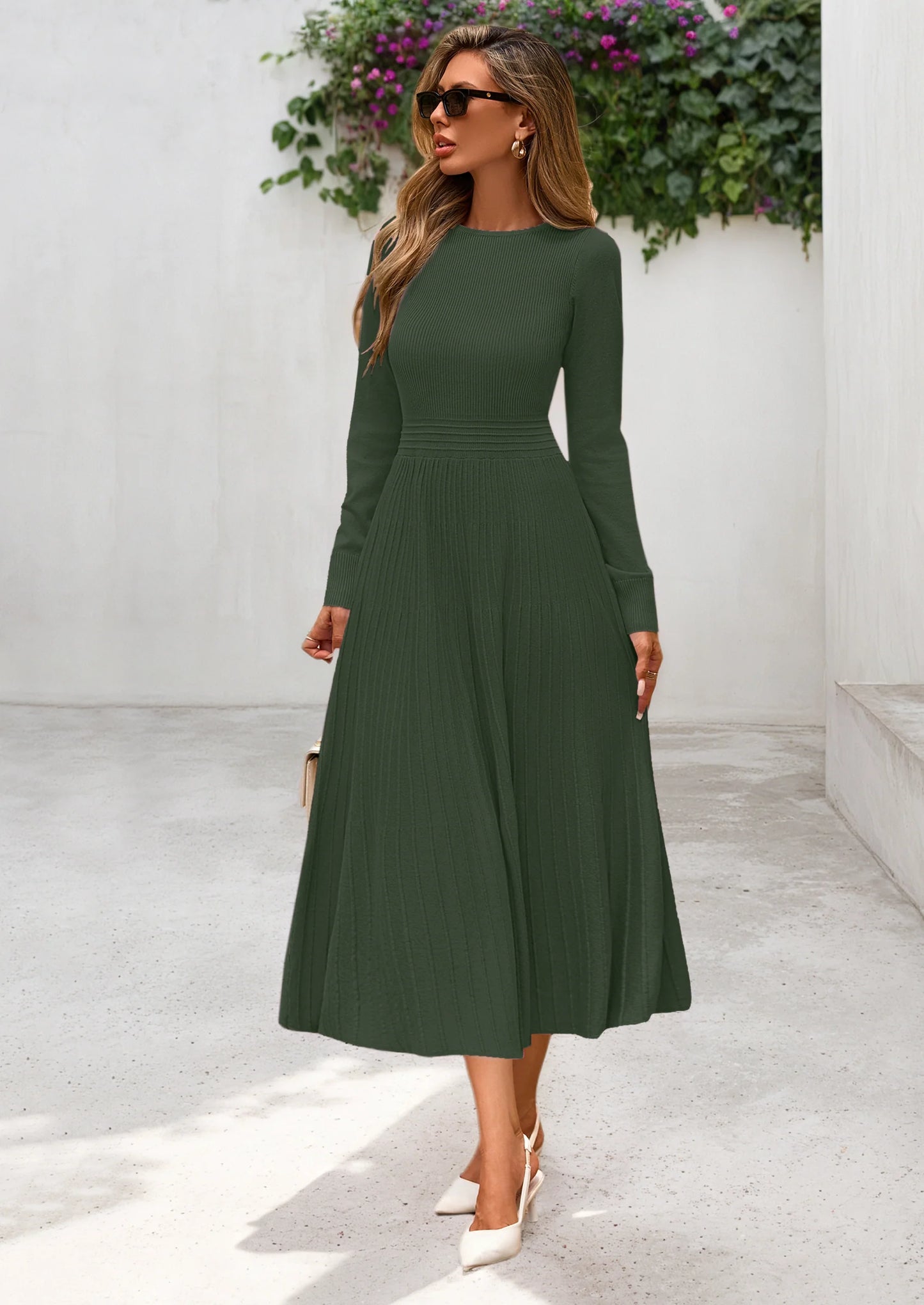 Women's Long Sleeve Midi Sweater Dress Fall Crewneck Knit A Line Pleated Wedding Guest Winter Dresses