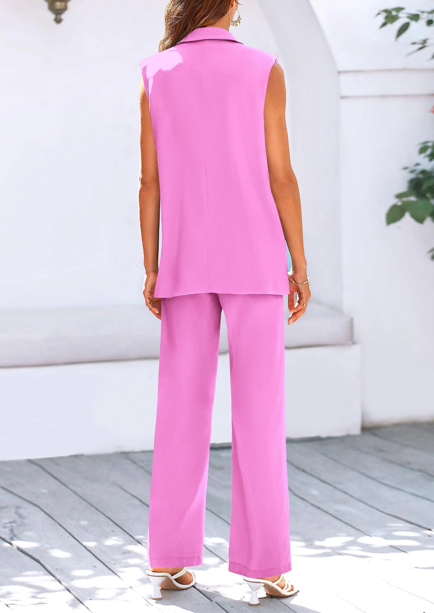 Women's 2 Piece Outfits Sleeveless Suit Vest and Wide Leg Pants Business Casual Blazer Sets