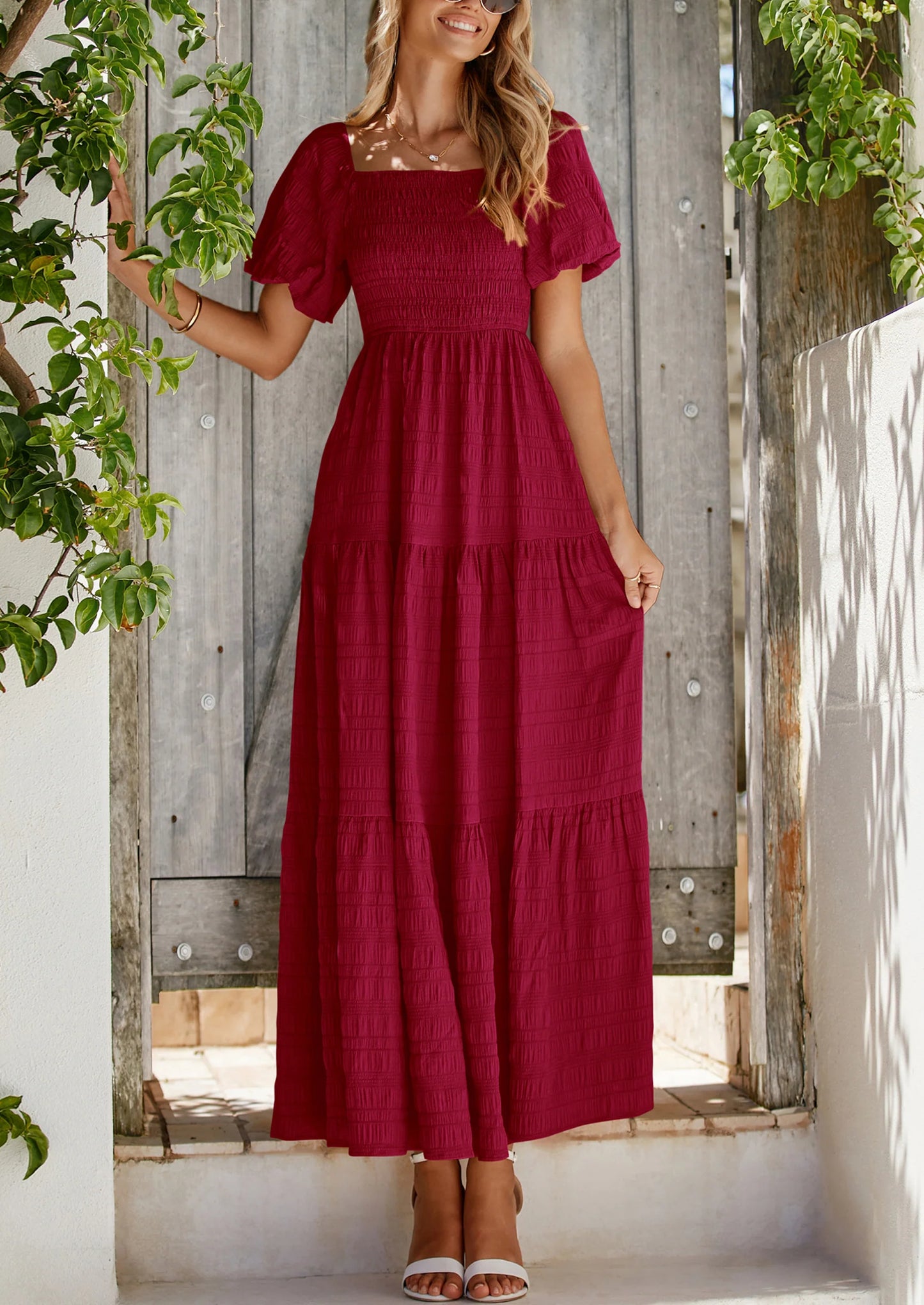Womens Summer Puff Short Sleeve Maxi Dress Square Neck Smocked Tiered Ruffle A Line Long Flowy Beach Dresses