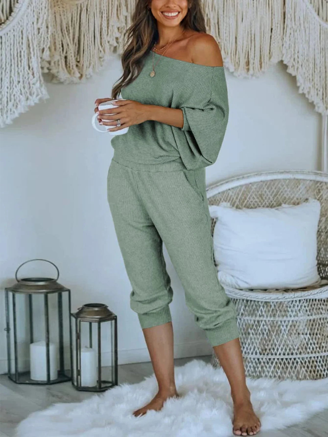 Women's 2 Piece Ribbed Tracksuit Outfits Off Shoulder Long Sleeve Pullover Lounge Pants with Pockets