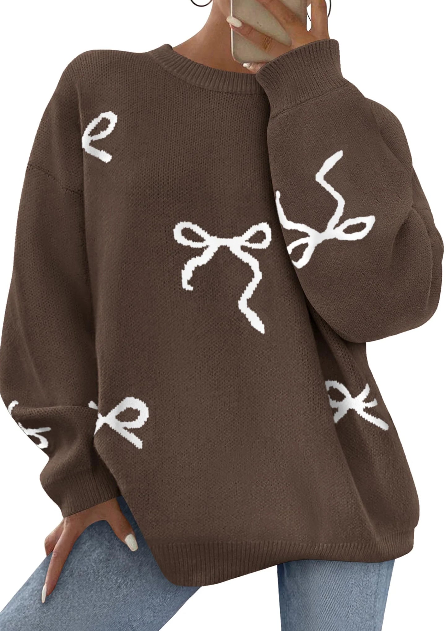 Fall Long Sleeve Pullover Sweaters for Women Trendy Crewneck Casual Cute Bow Chunky Knit Oversized Sweater