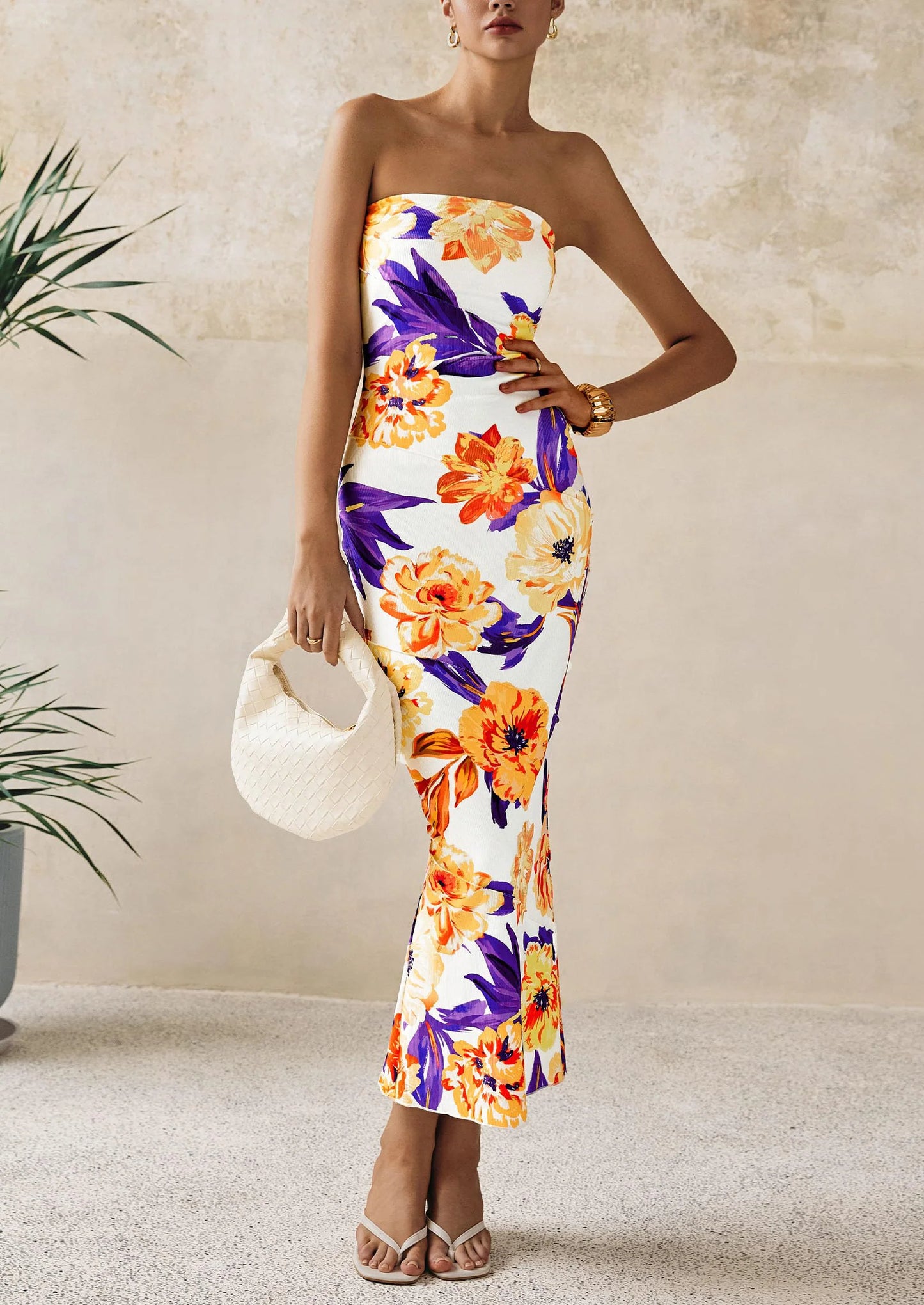 Women's Floral Bodycon Maxi Dresses Ribbed Strapless Tube Casual Boho Party Long Dress