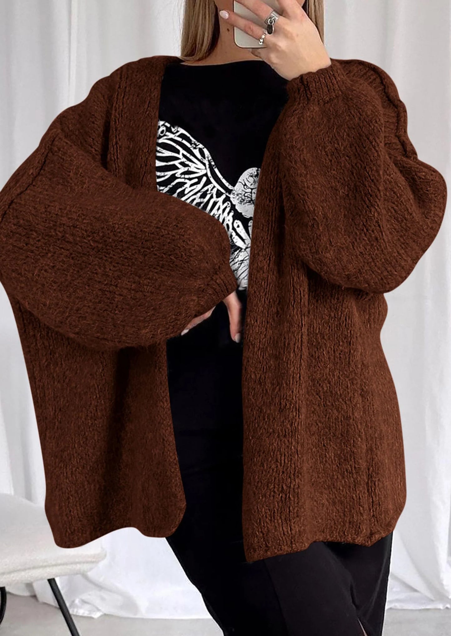 Womens Oversized Cardigan Sweaters Fall Long Lantern Sleeve Knit Open Front Lightweight Sweater