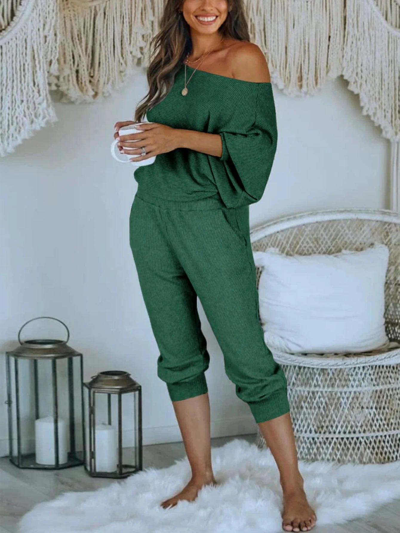 Women's 2 Piece Ribbed Tracksuit Outfits Off Shoulder Long Sleeve Pullover Lounge Pants with Pockets