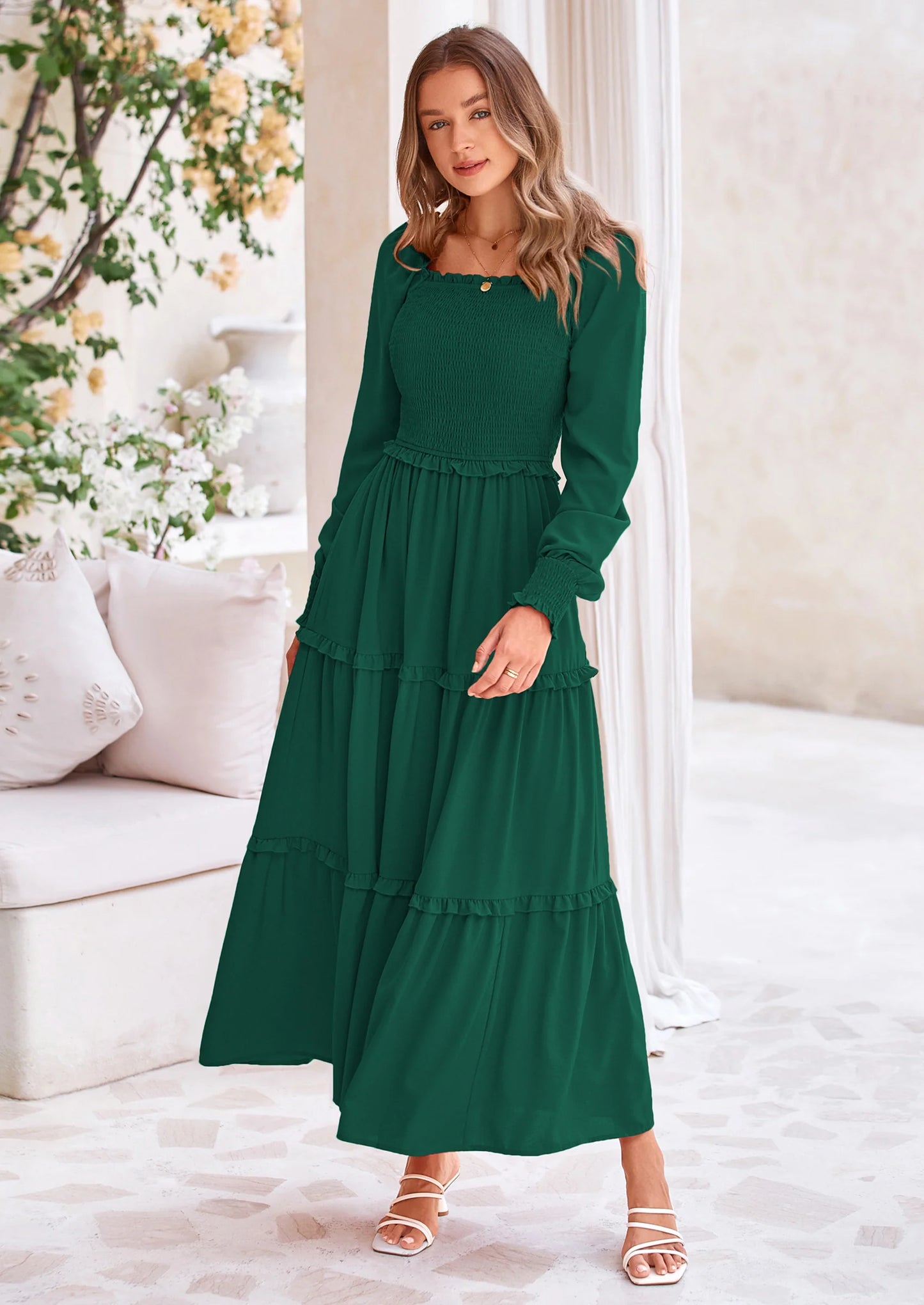 Fall Wedding Guest Dresses for Women Long Sleeve Square Neck Tiered A Line Modest Elegant Flowy Dresses