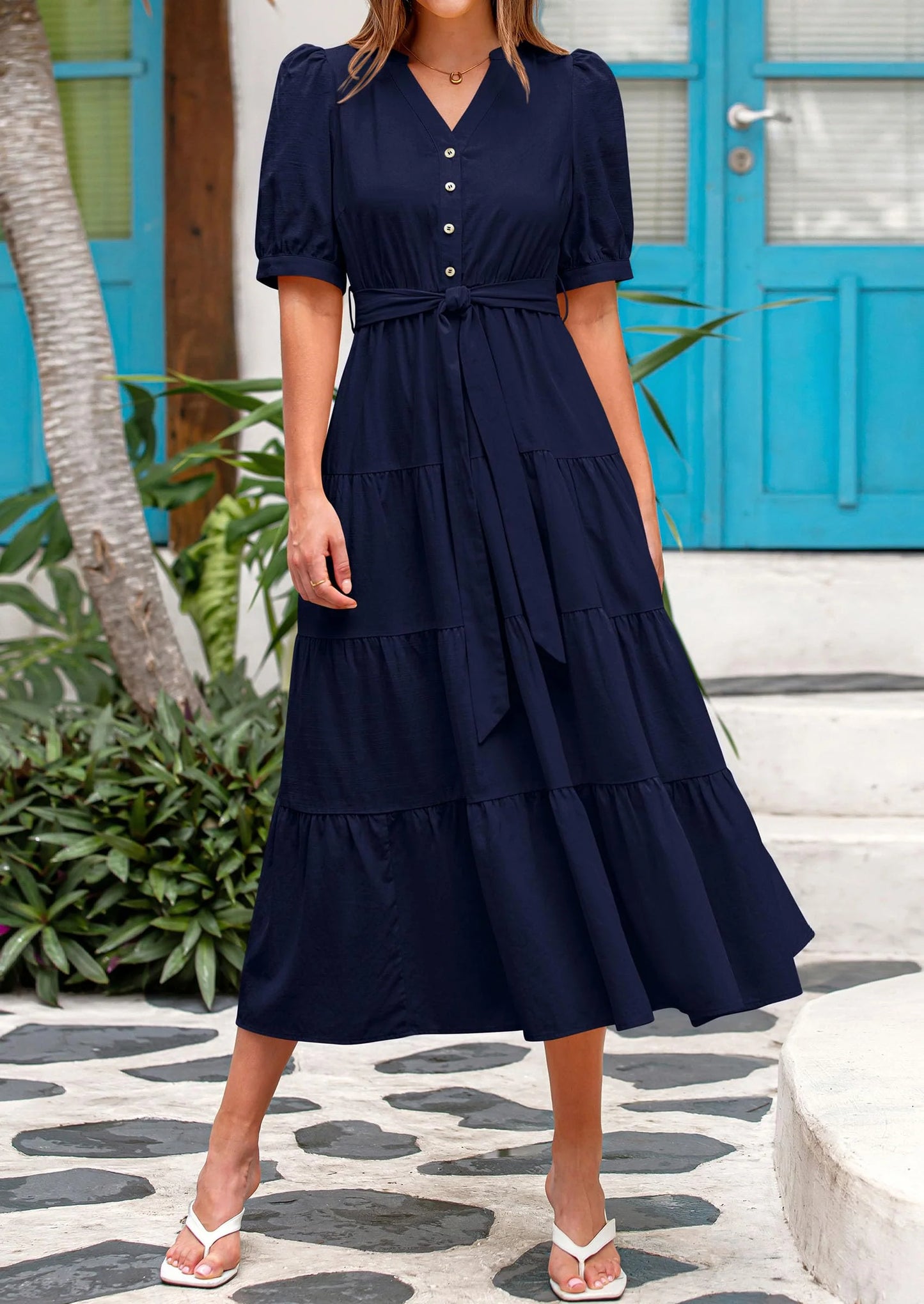 Women's Midi Dress Casual Short Sleeve V Neck Buttons Belted Ruffle A Line Flowy Dress with Pockets