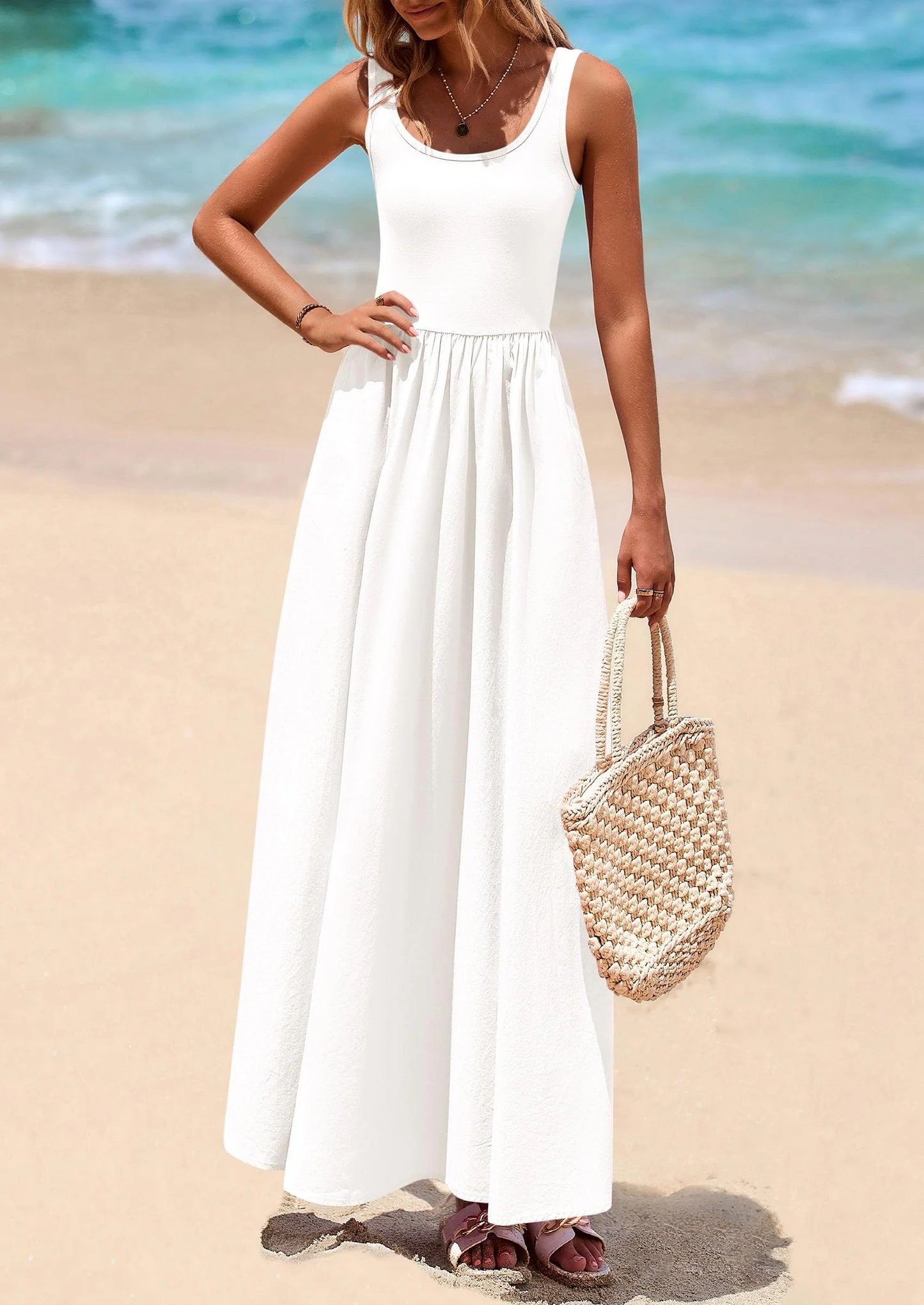 Womens Summer Casual Scoop Neck Sleeveless Long Dresses Tank Top Patchwork Aline Swing Maxi Dress with Pockets