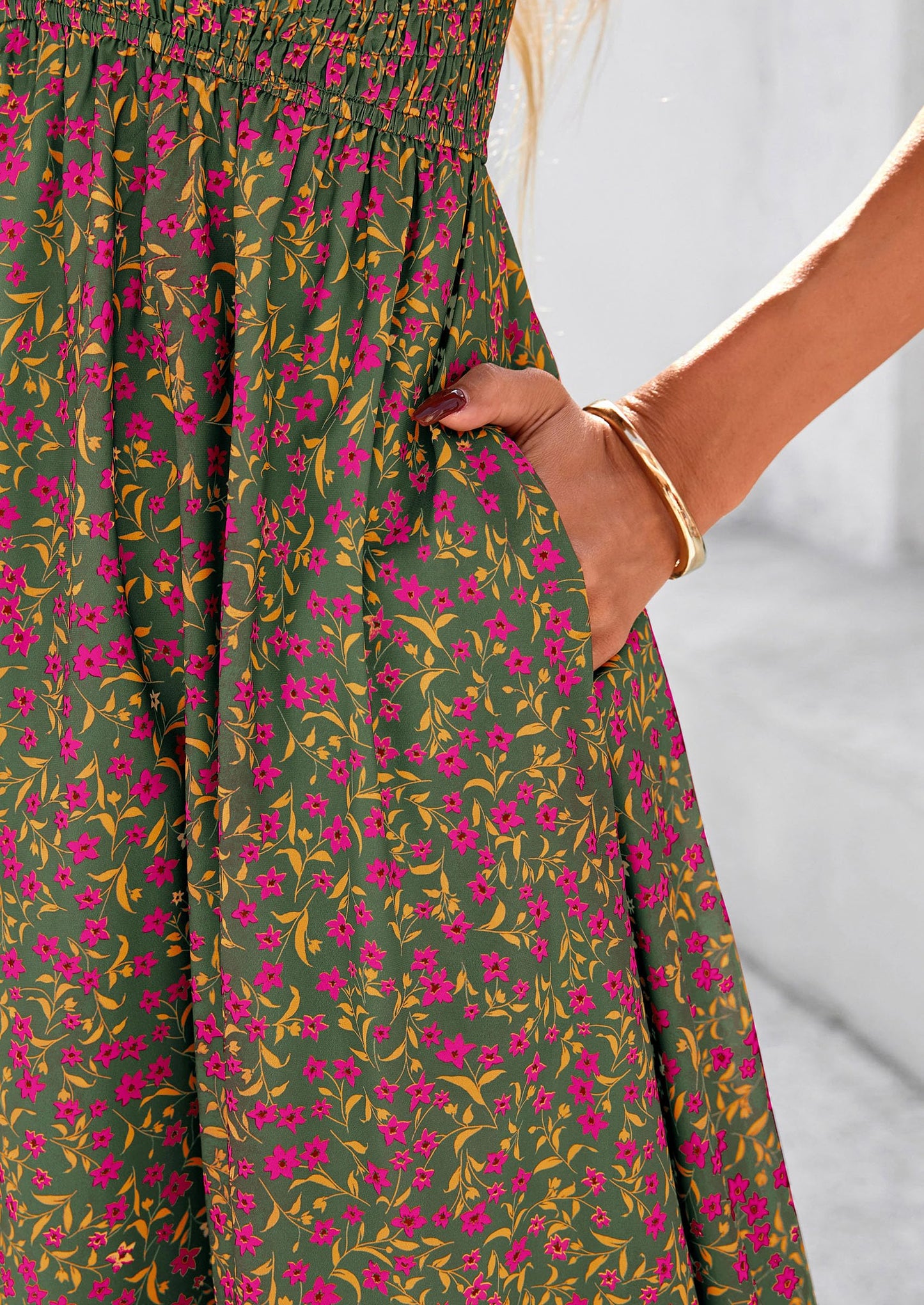 Women Floral Boho Maxi Dresses Short Sleeve V Neck Smocked A Line Long Flowy Beach Vacation Dress