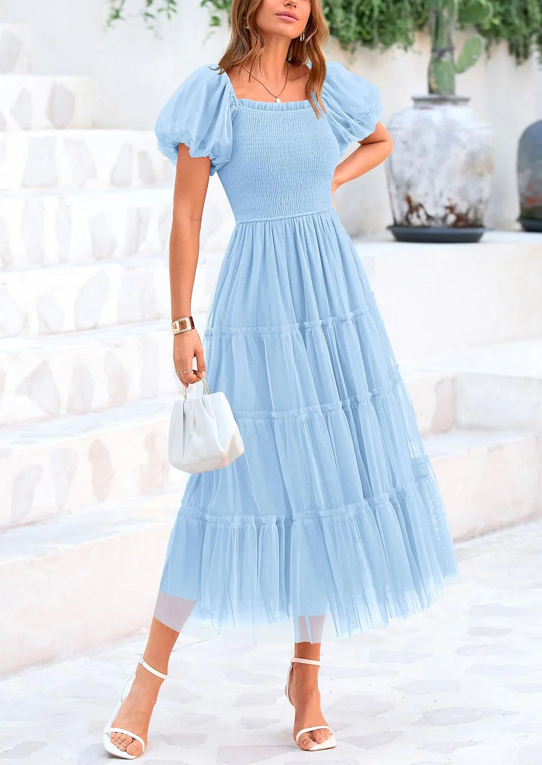 Women's Smocked Tulle Midi Dress Square Neck Puffy Short Sleeve Ruffle Wedding Guest Party Dresses