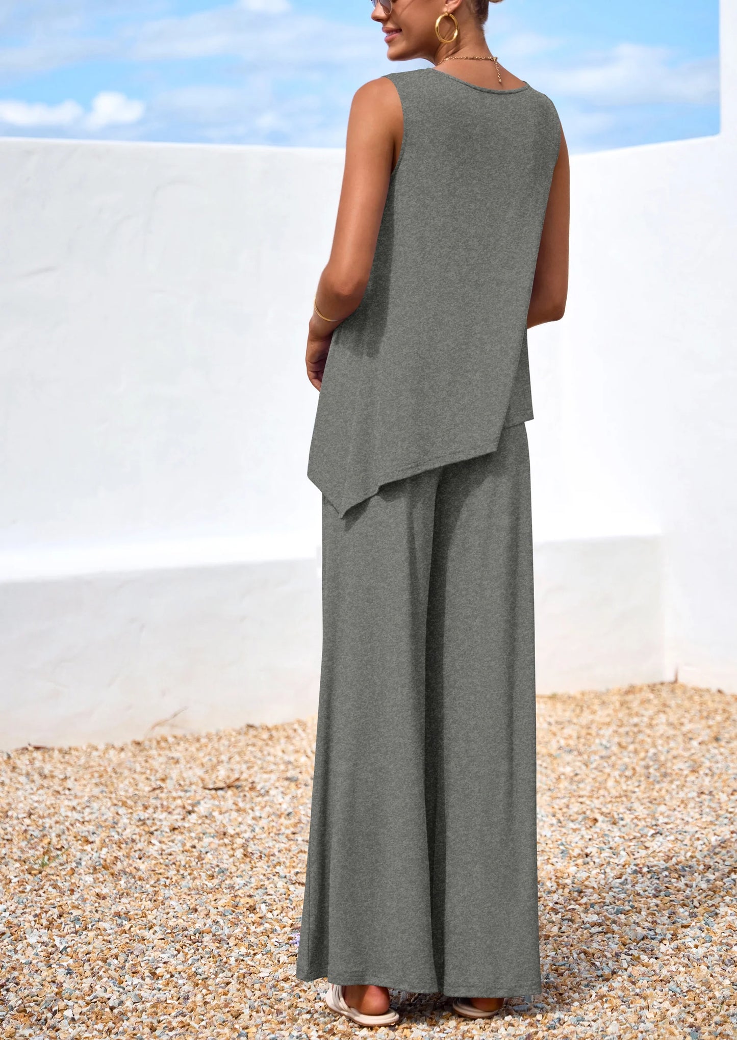Women's Two Piece Matching Lounge Sets Asymmetrical Split Tank Tops Wide Leg Pants Summer Outfits Tracksuit