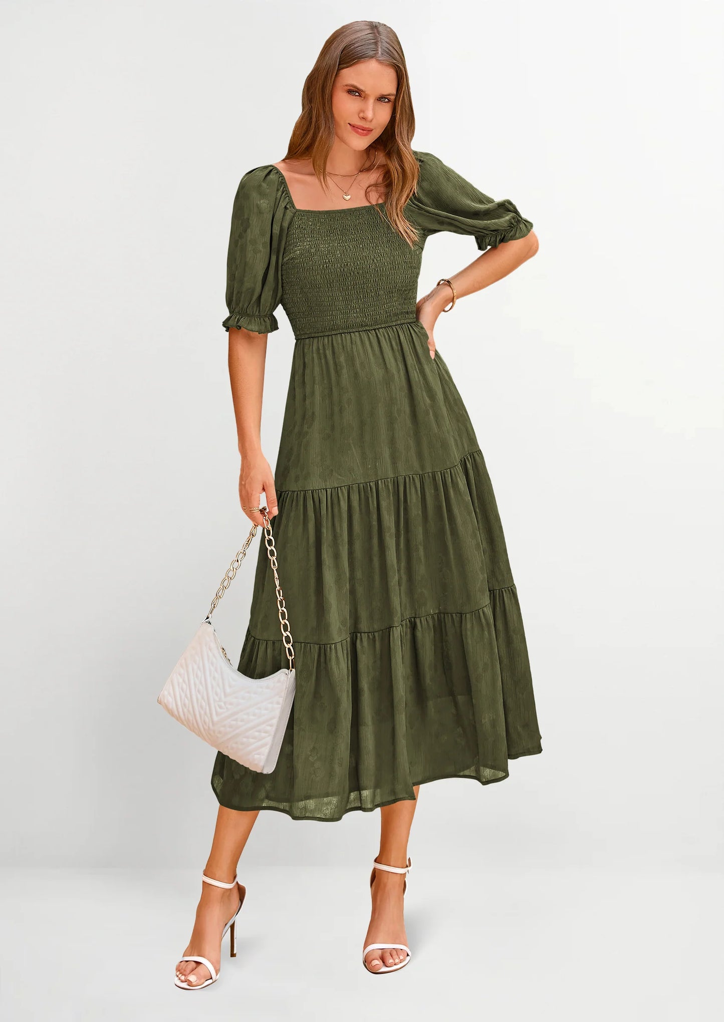 Women's Casual Midi Dresses Square Neck Short Sleeve Smocked A Line Floral Flowy Elegant Boho Dress