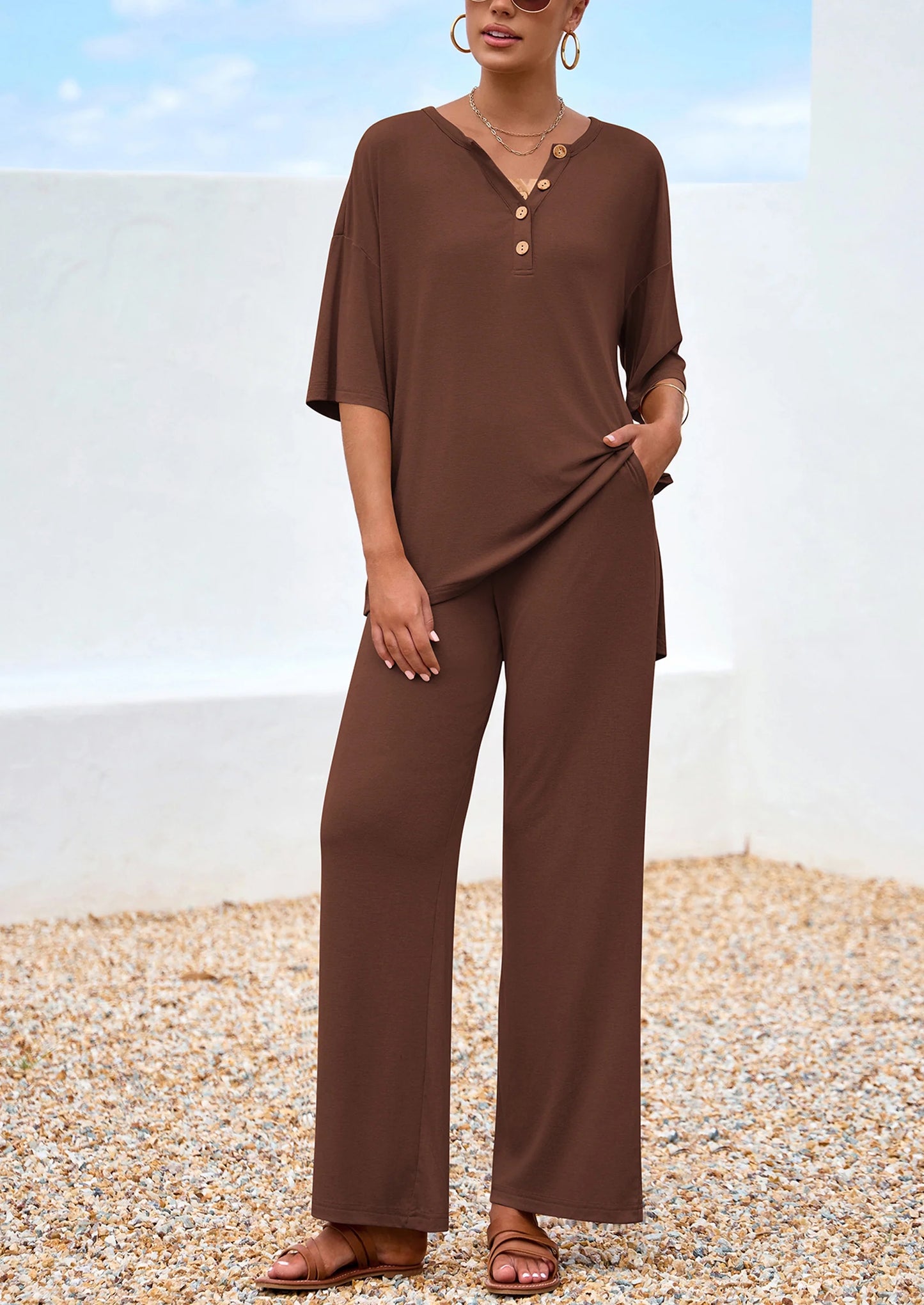 Women's 2 Piece Outfits Summer Casual V Neck Short Sleeve Tops Wide Leg Pants Matching Lounge Sets