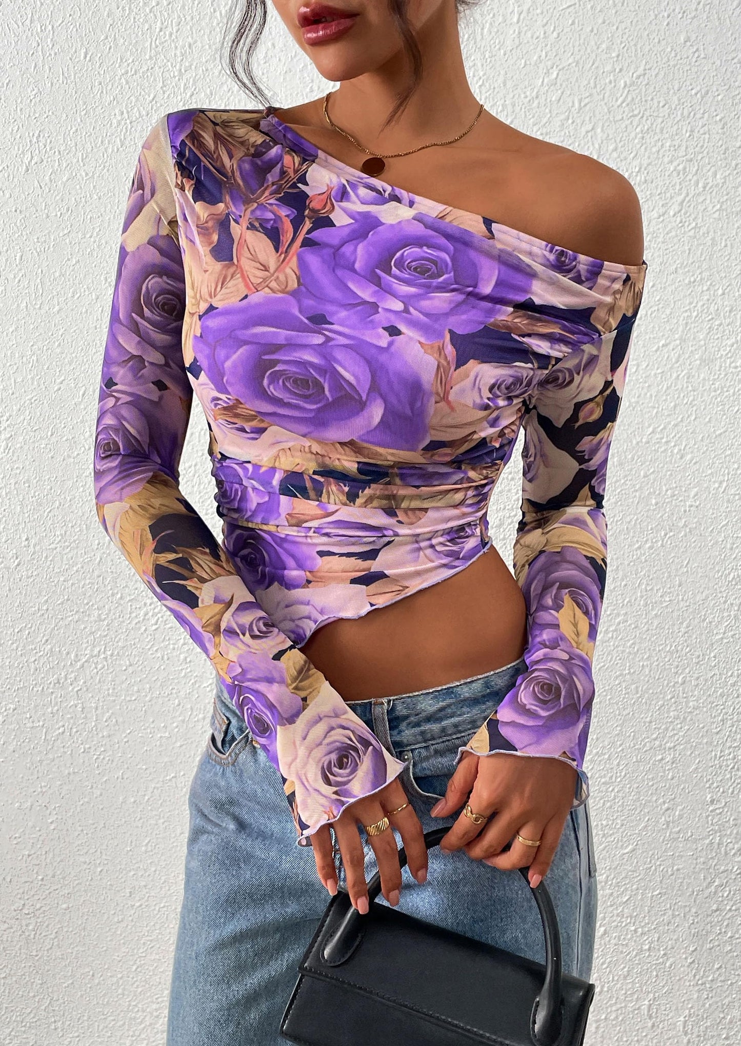 Womens Fall Trendy Off Shoulder Tops Tie Dye Mesh Long Sleeve Shirts Asymmetrical Ruched Floral Blouse