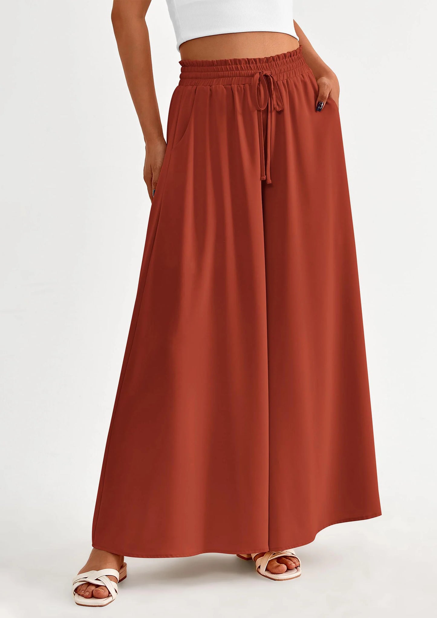 Women's Summer Wide Leg Palazzo Pants High Waisted Flowy Pockets Trendy Casual Lounge Boho Beach Trousers